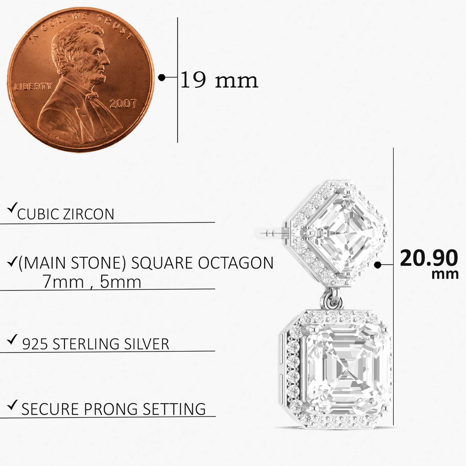 Cubic Zirconia 7x5mm Octagon Halo Drop Earring in 925 Silver 4ct