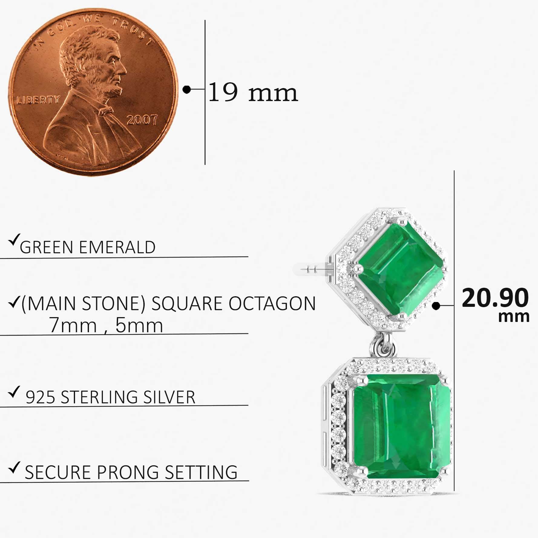 Emerald 7x5mm Octagon Halo Drop Earring in 925 Silver 4ct