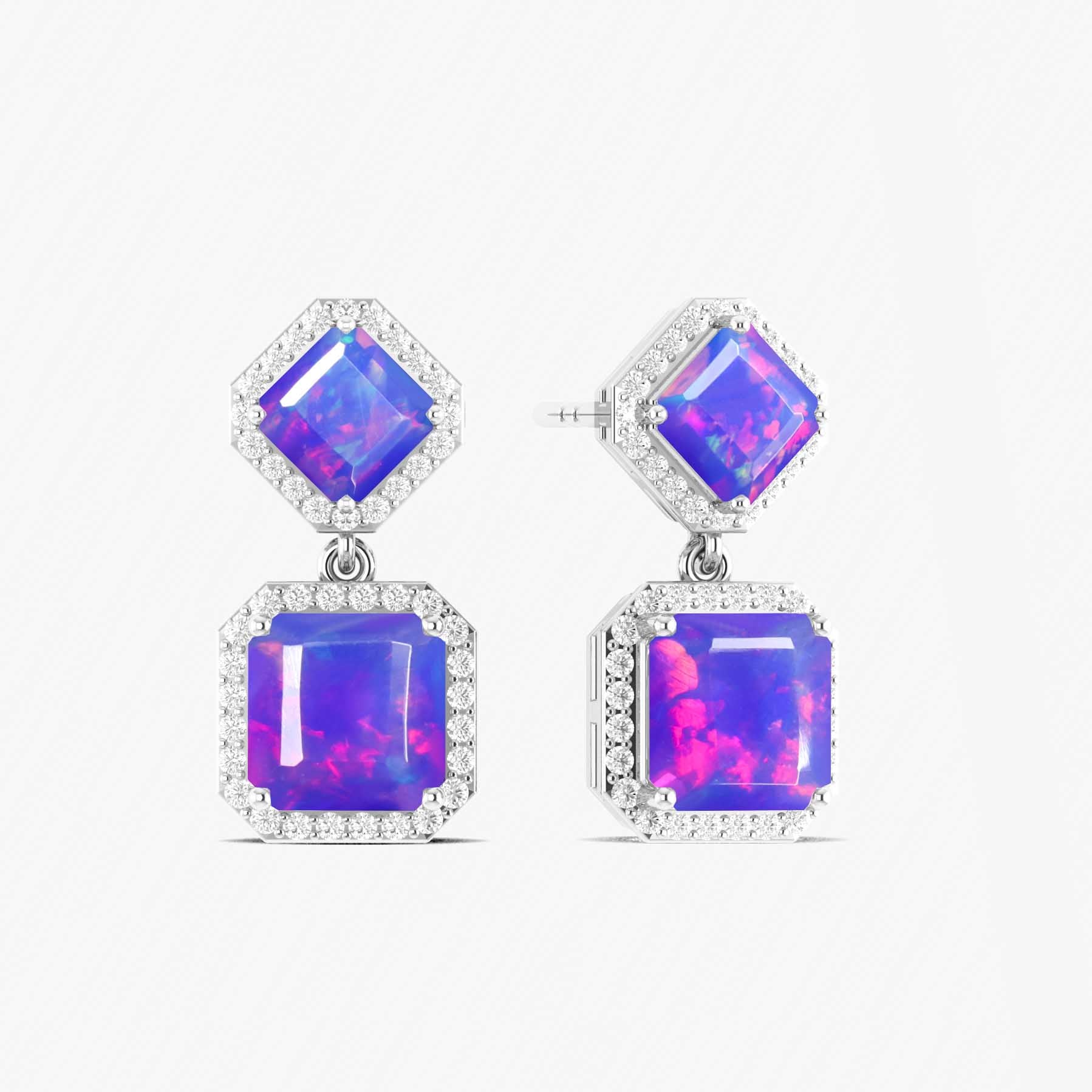 Lavender Purple Real Fire Opal Octagon Halo Drop Earrings