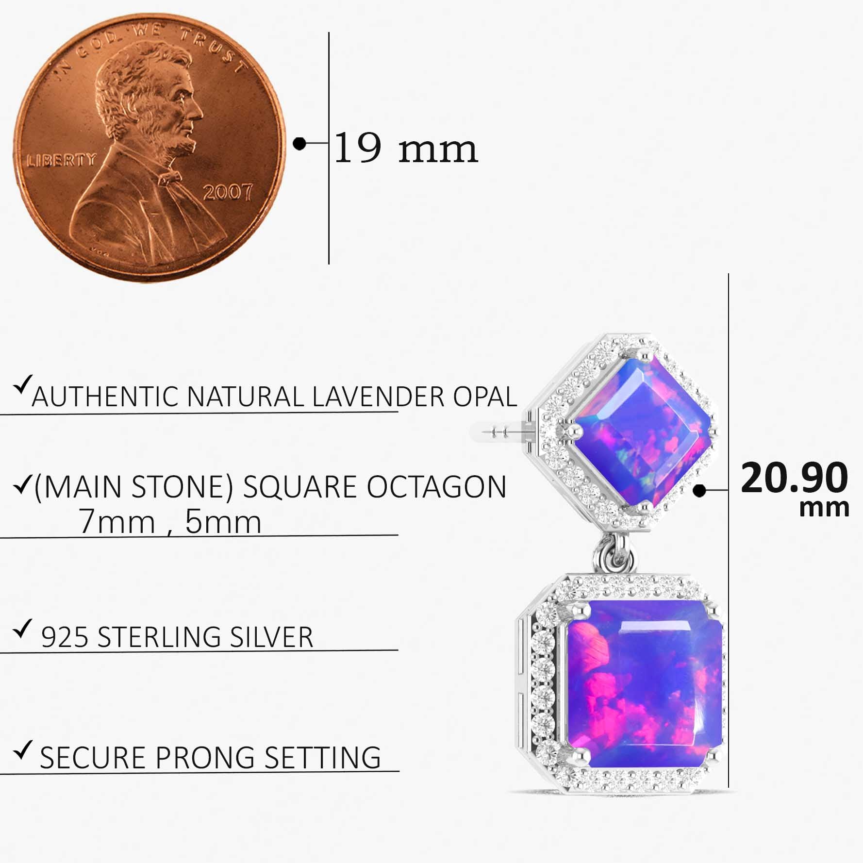 Lavender Opal 7x5mm Octagon Halo Drop Earring in 925 Silver 3.5ct