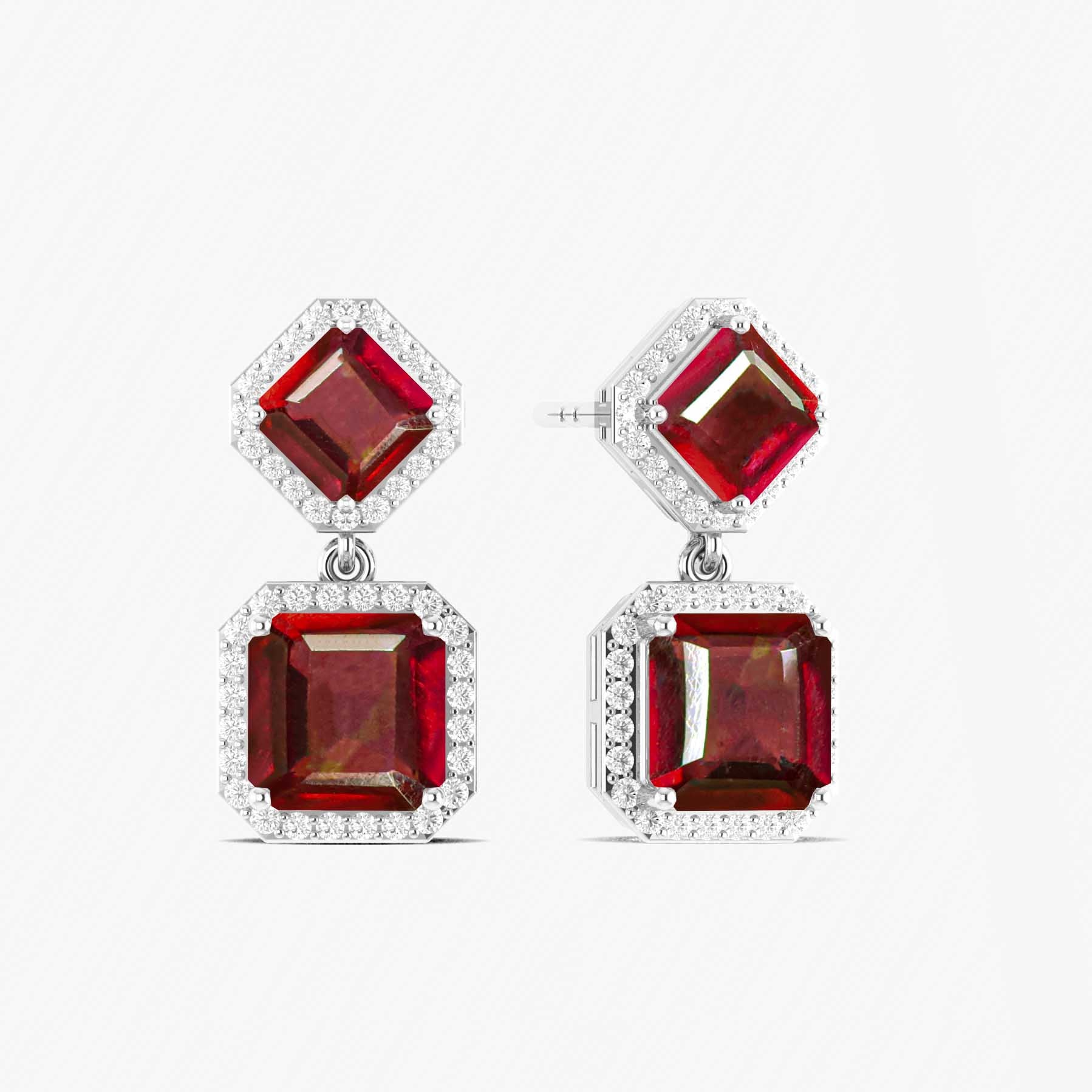 Ruby 7x5mm Octagon Halo Drop Earring in 925 Silver 4ct