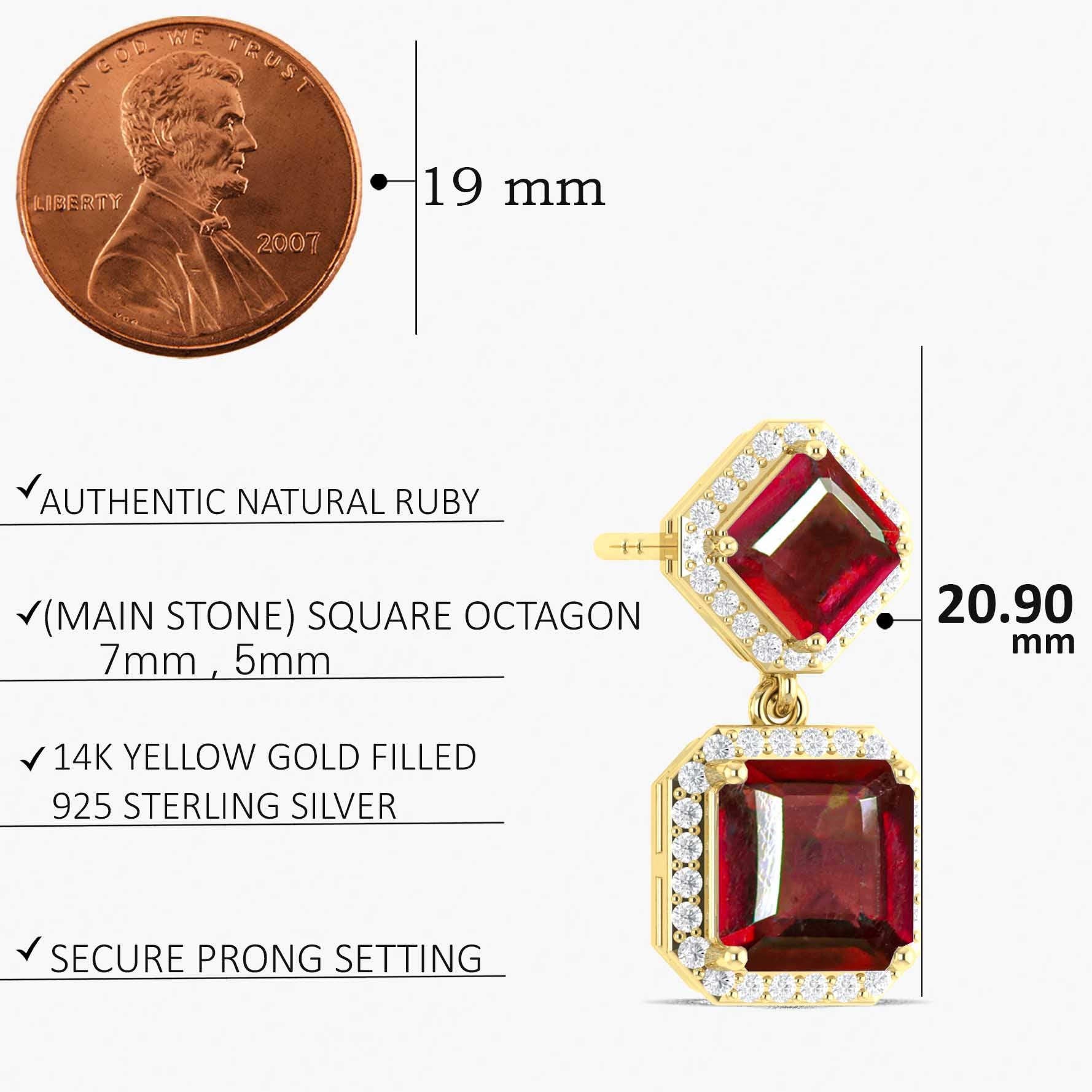 Ruby 7x5mm Octagon Halo Drop Earring in 925 Silver 4ct