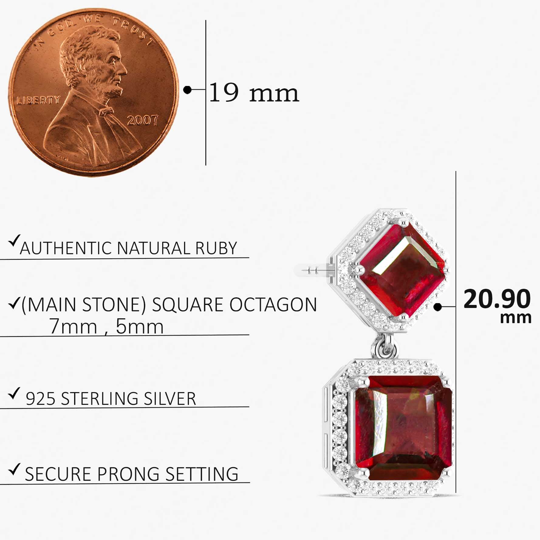 Ruby 7x5mm Octagon Halo Drop Earring in 925 Silver 4ct