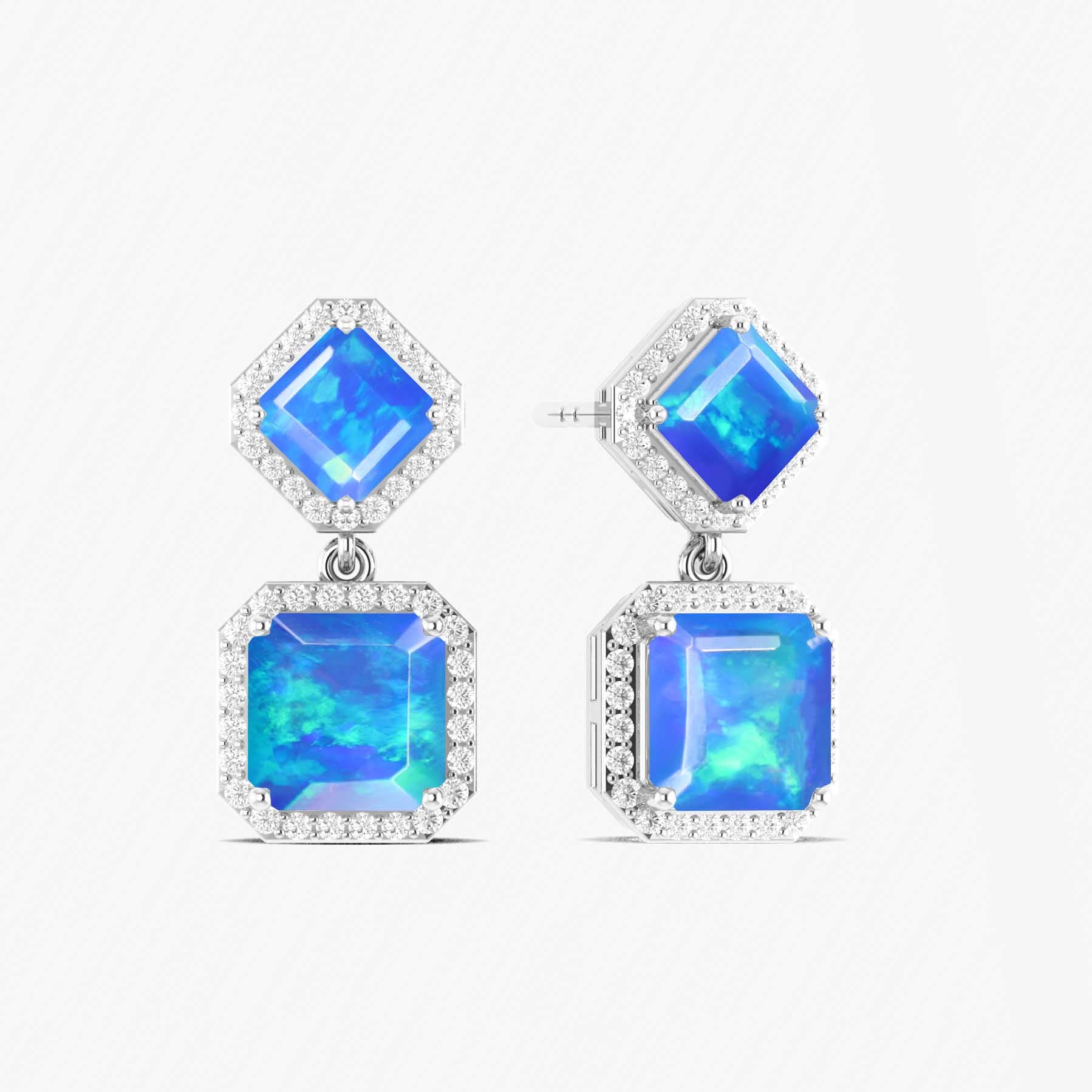 Real Blue Fire Opal Sterling Silver Octagon Halo Drop Earrings