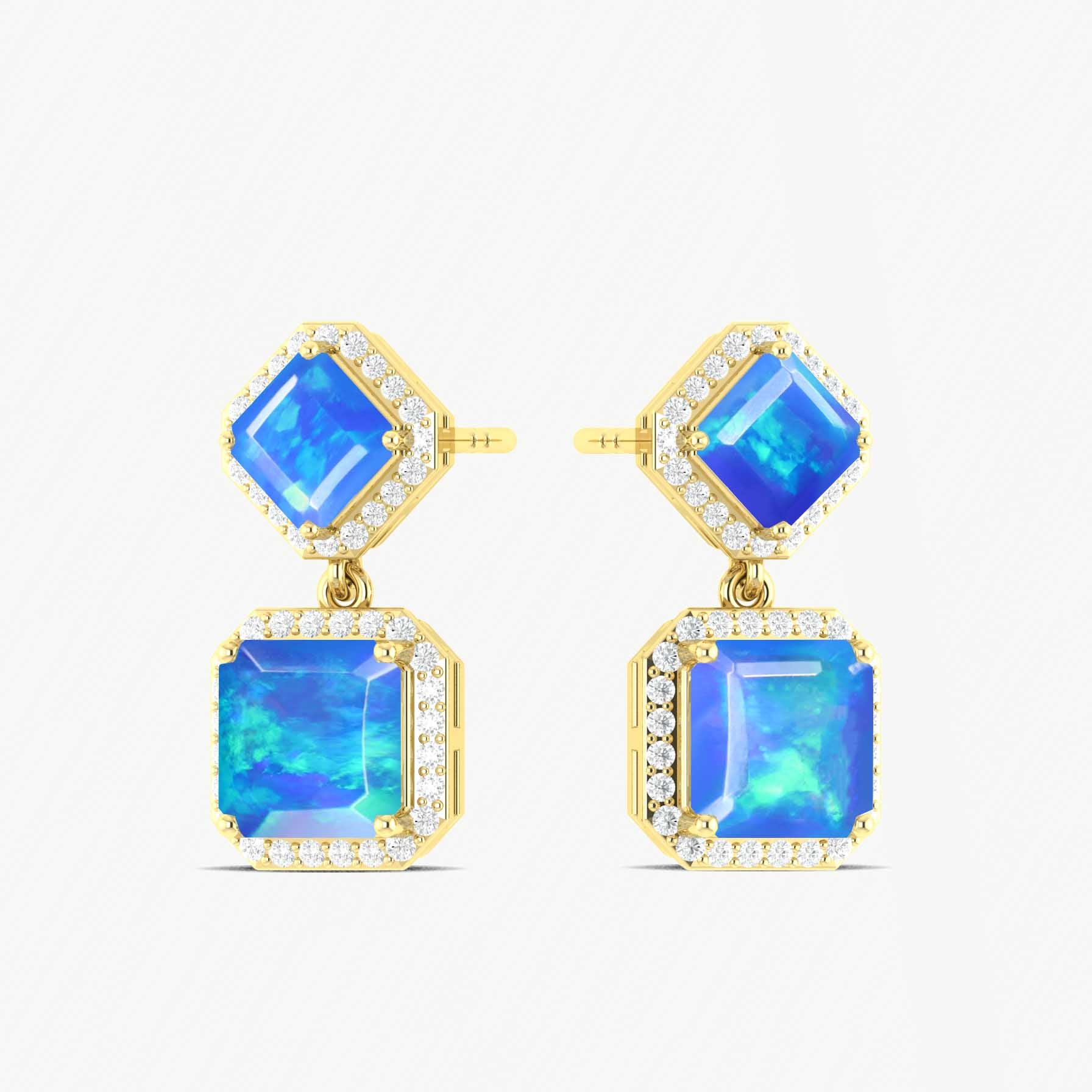 Blue Opal 7x5mm Octagon Halo Drop Earring in 925 Silver 3.5ct