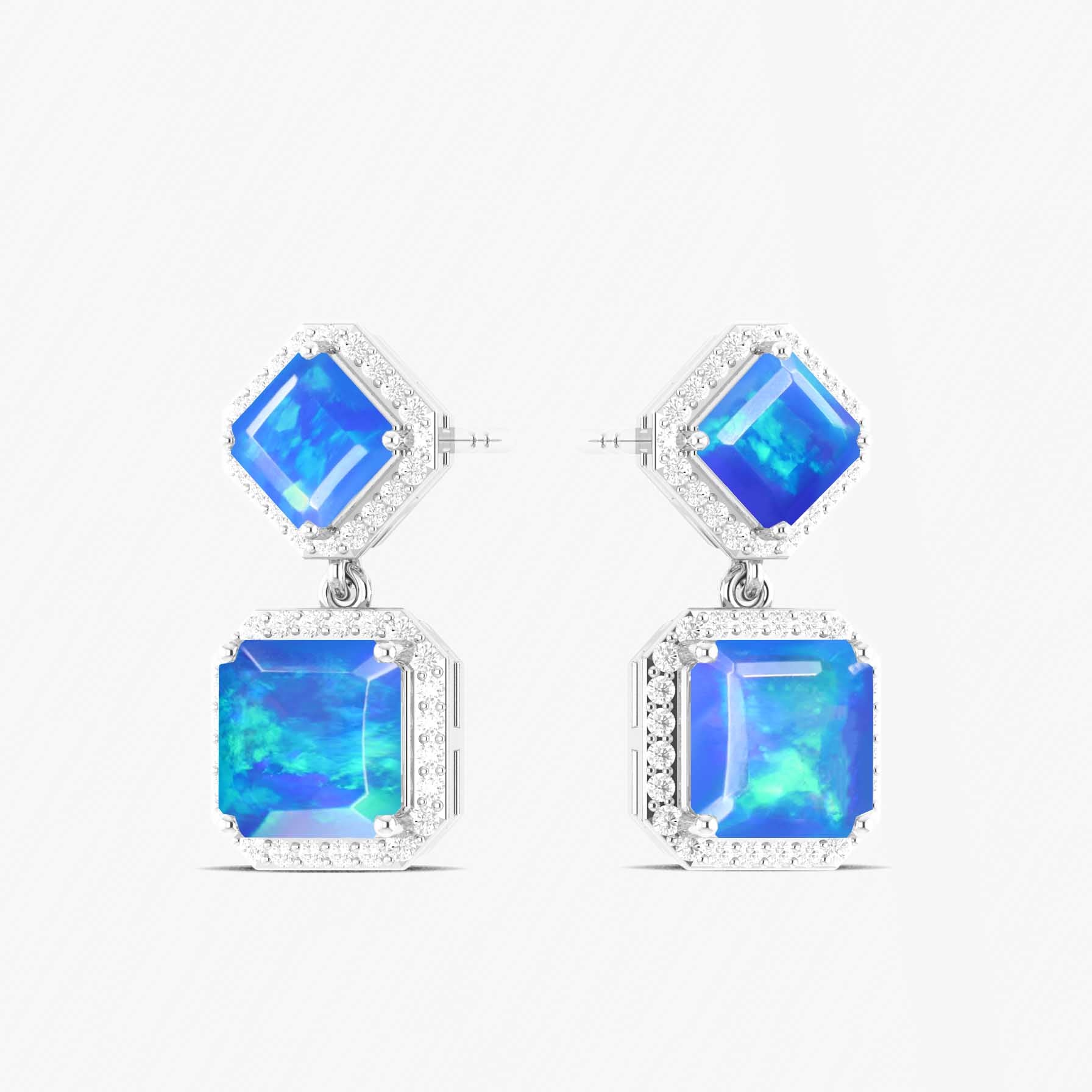 Blue Opal 7x5mm Octagon Halo Drop Earring in 925 Silver 3.5ct