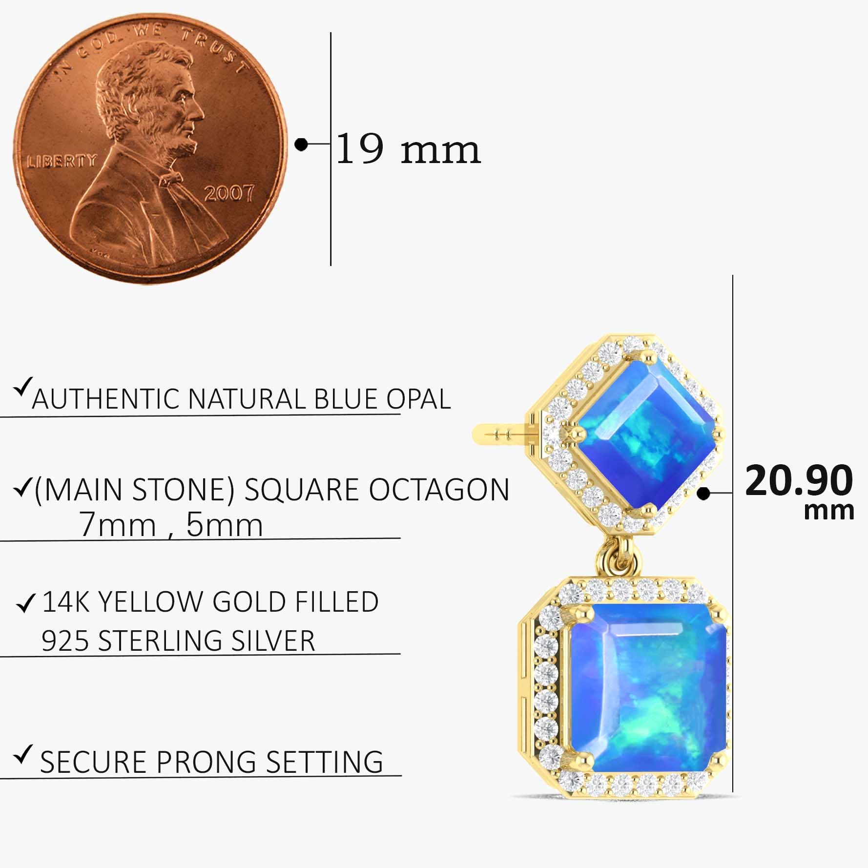 Blue Opal 7x5mm Octagon Halo Drop Earring in 925 Silver 3.5ct