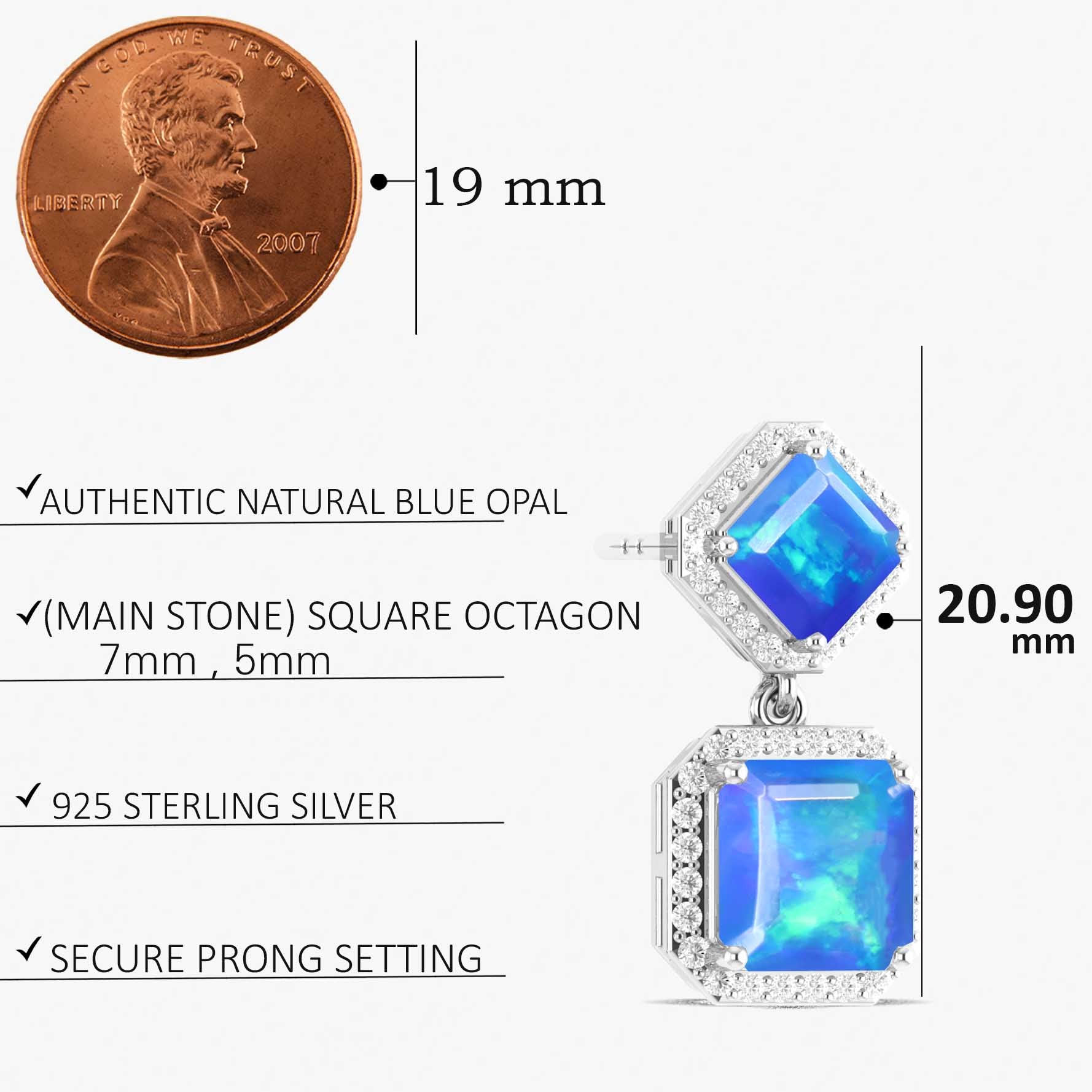 Blue Opal 7x5mm Octagon Halo Drop Earring in 925 Silver 3.5ct