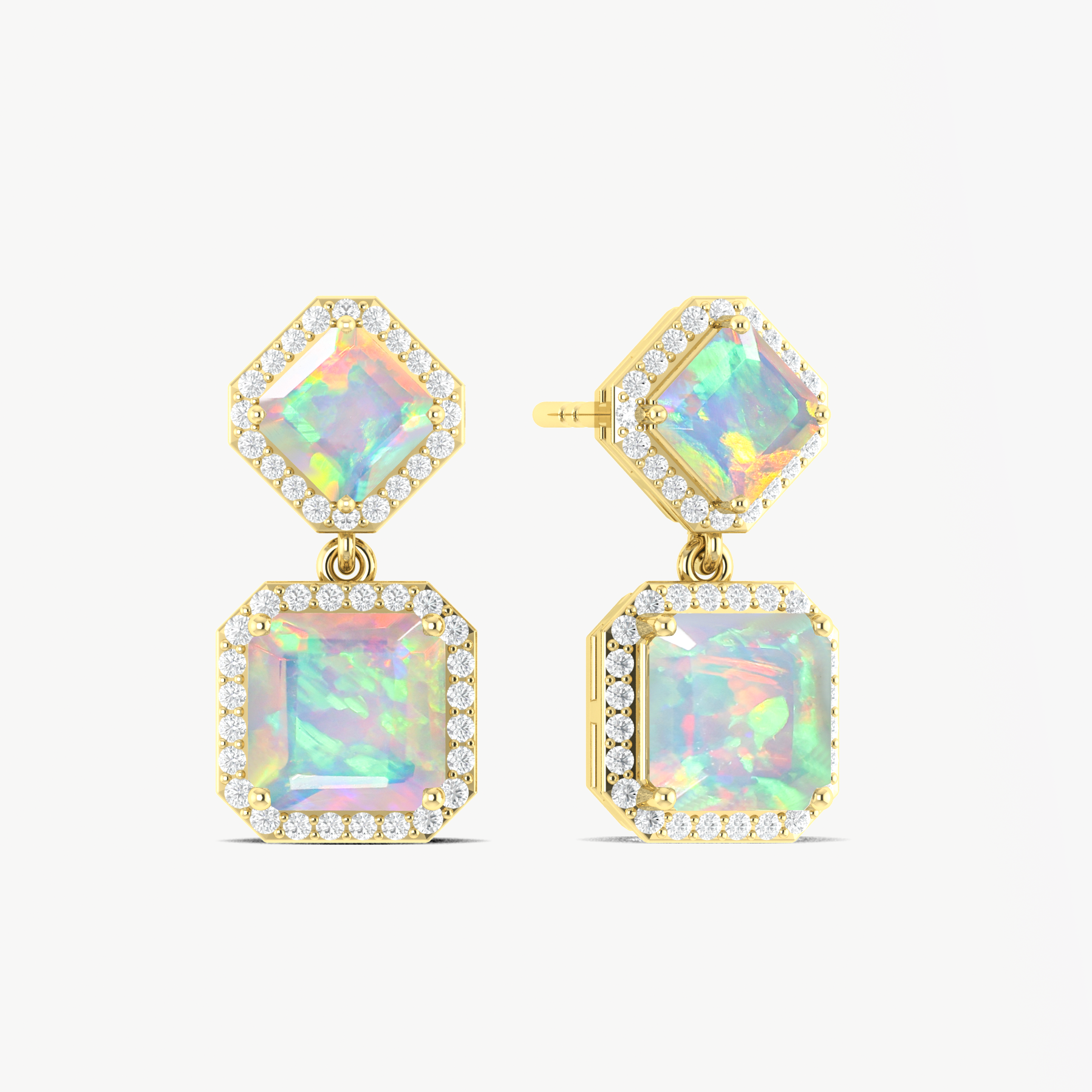 White Opal 7x5mm Octagon Halo Drop Earring in 925 Silver 3.5ct