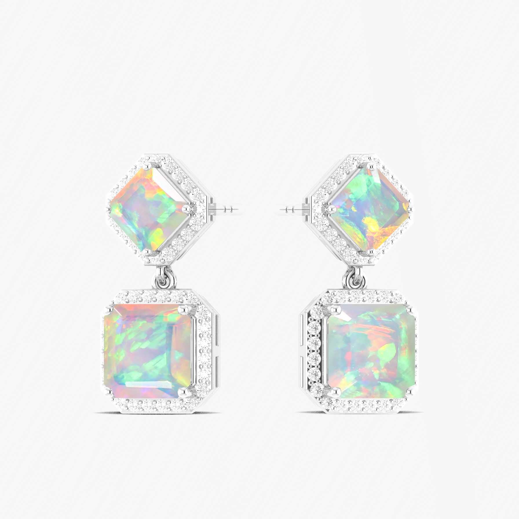White Opal 7x5mm Octagon Halo Drop Earring in 925 Silver 3.5ct