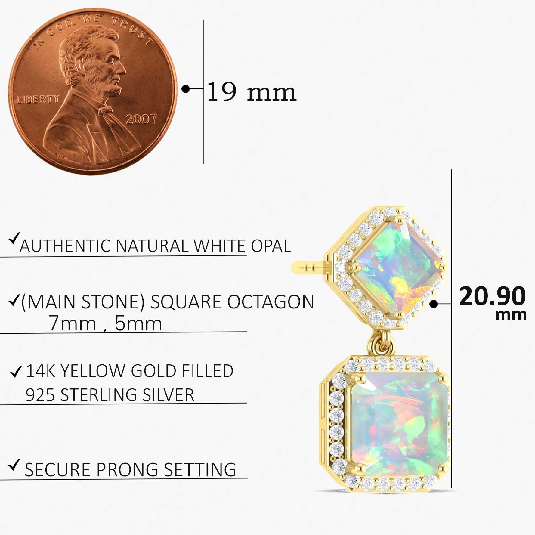 White Opal 7x5mm Octagon Halo Drop Earring in 925 Silver 3.5ct
