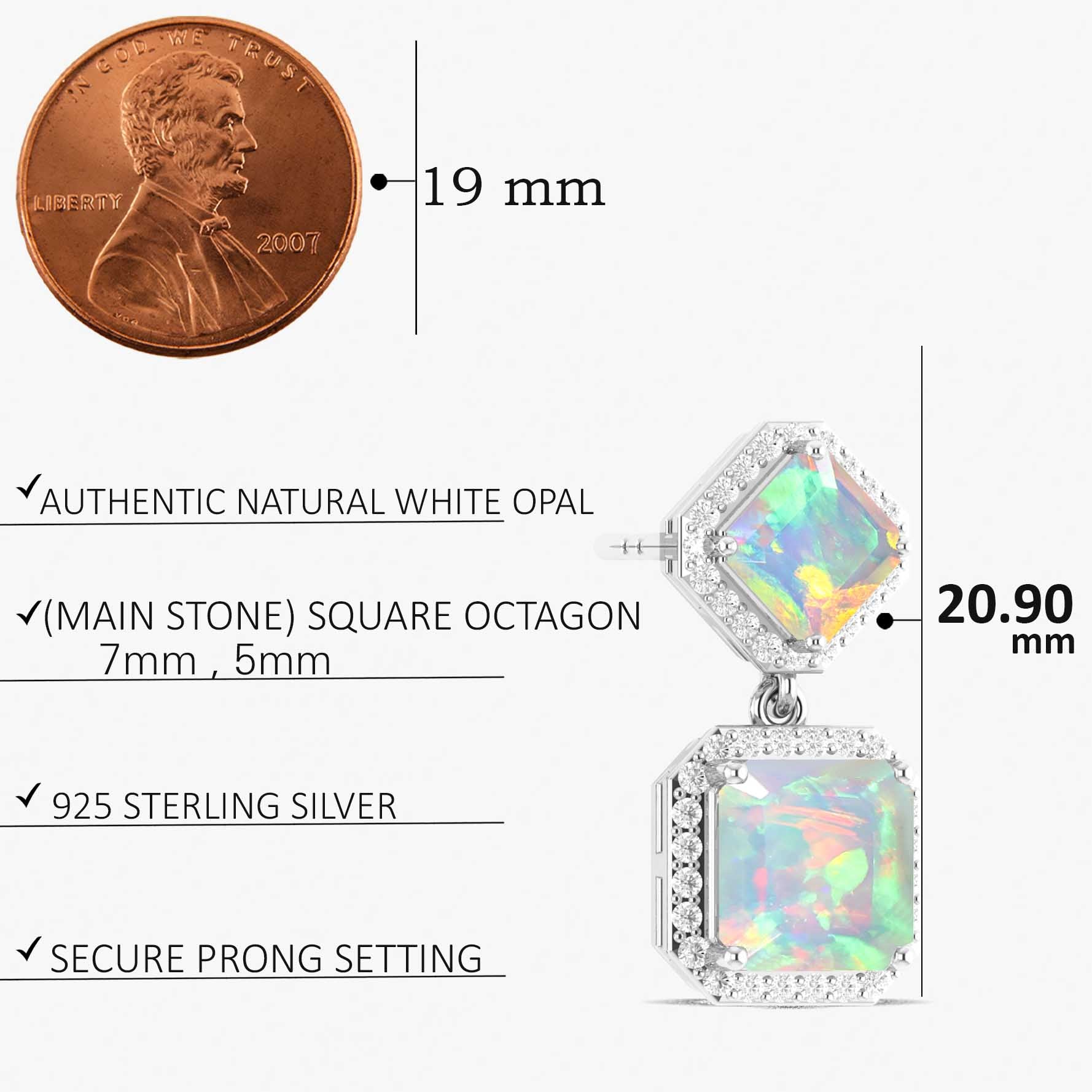 White Opal 7x5mm Octagon Halo Drop Earring in 925 Silver 3.5ct