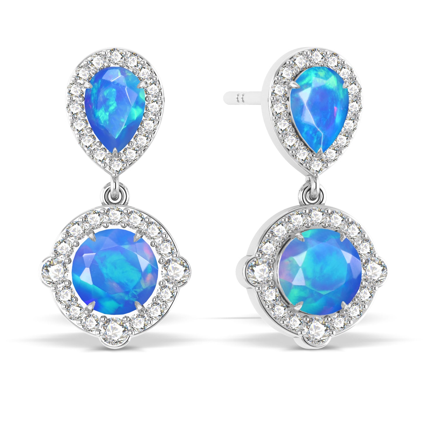 Real Blue Fire Silver Opal Round Halo Tear Drop Earrings