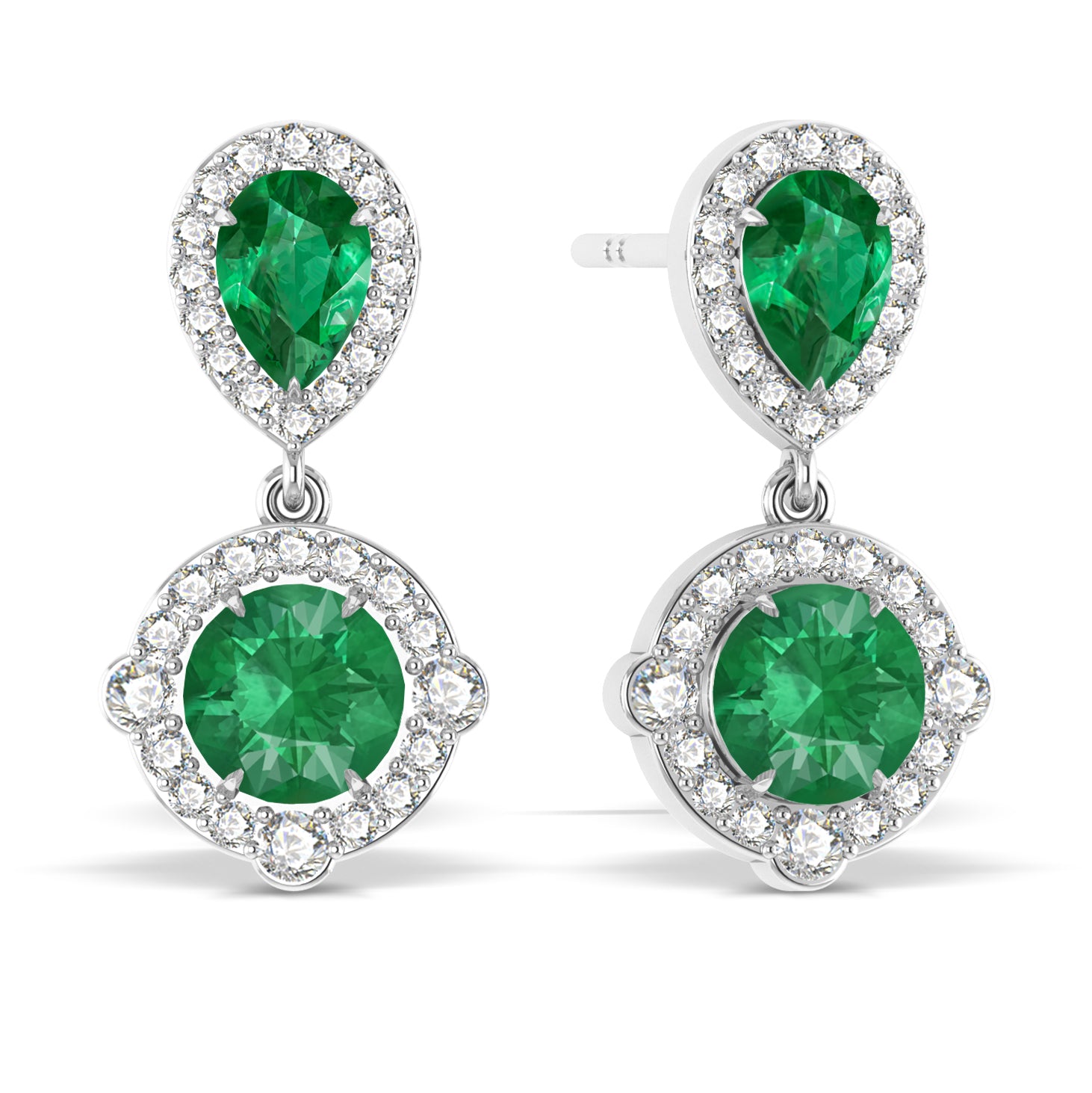 Emerald Pear Round Halo Drop Earring in 925 Silver 3ct