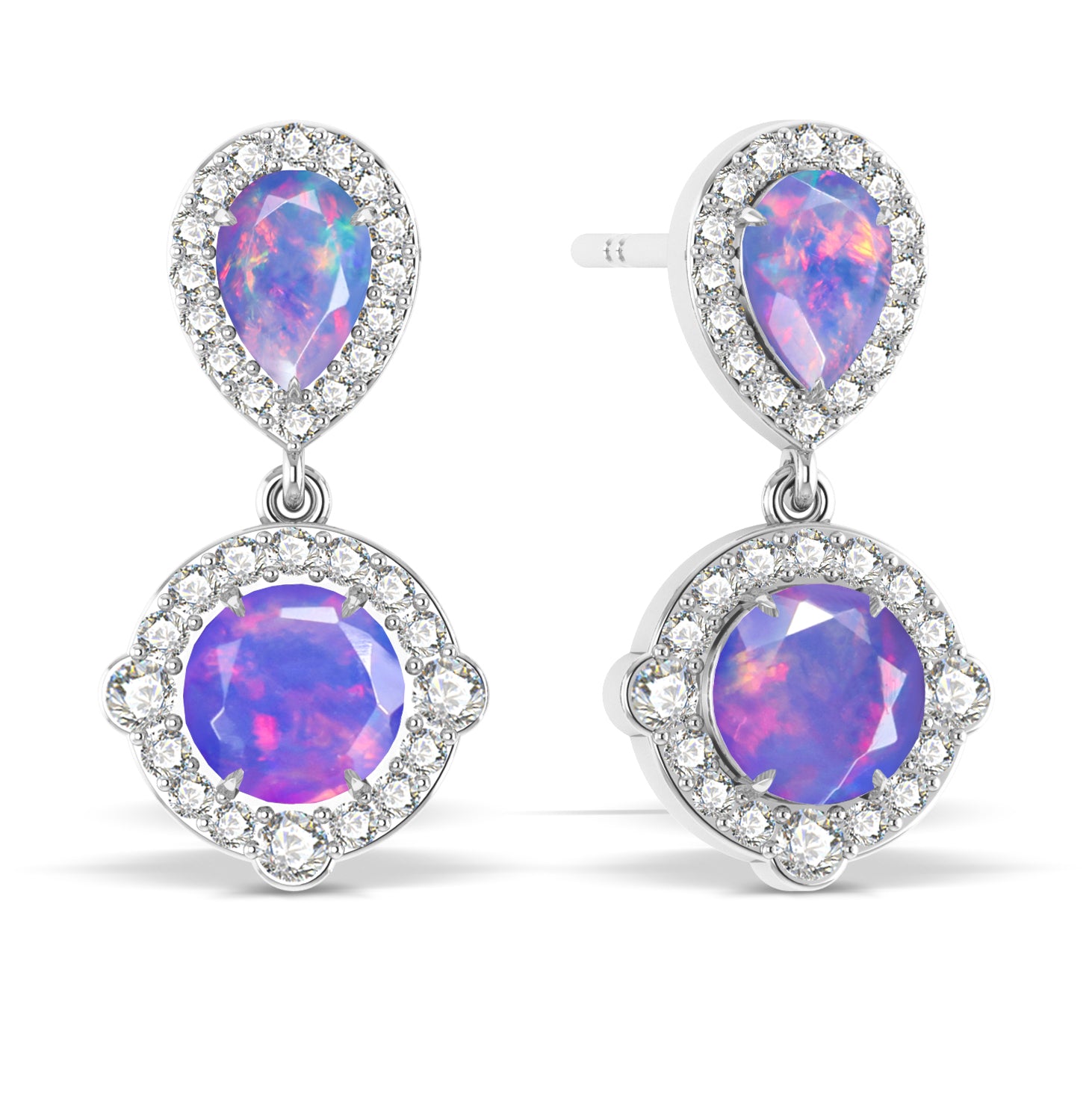 Lavender Opal Pear Round Halo Drop Earring in 925 Silver 2.4ct