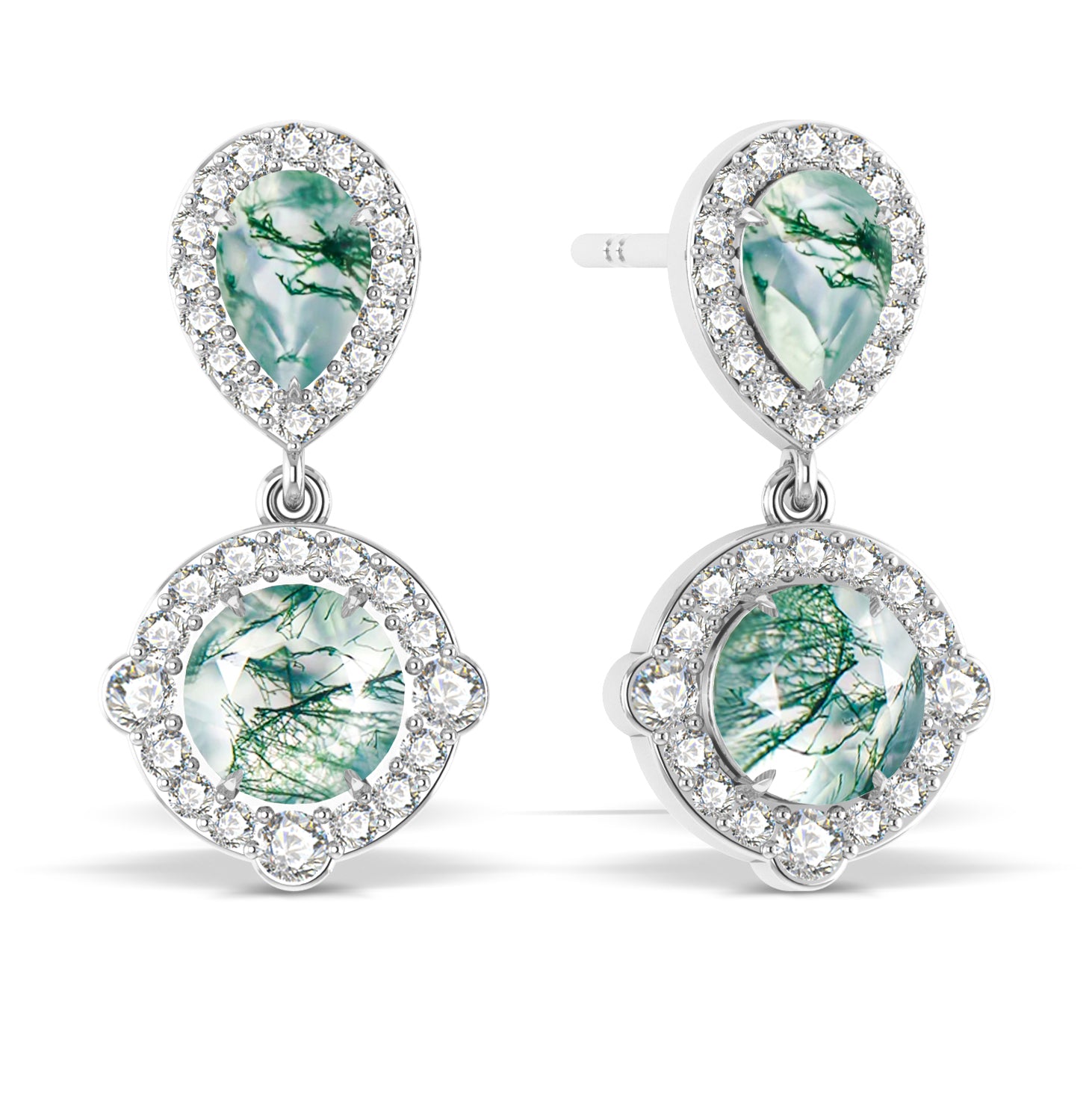 Moss Agate Pear Round Halo Drop Earring in 925 Silver 3ct