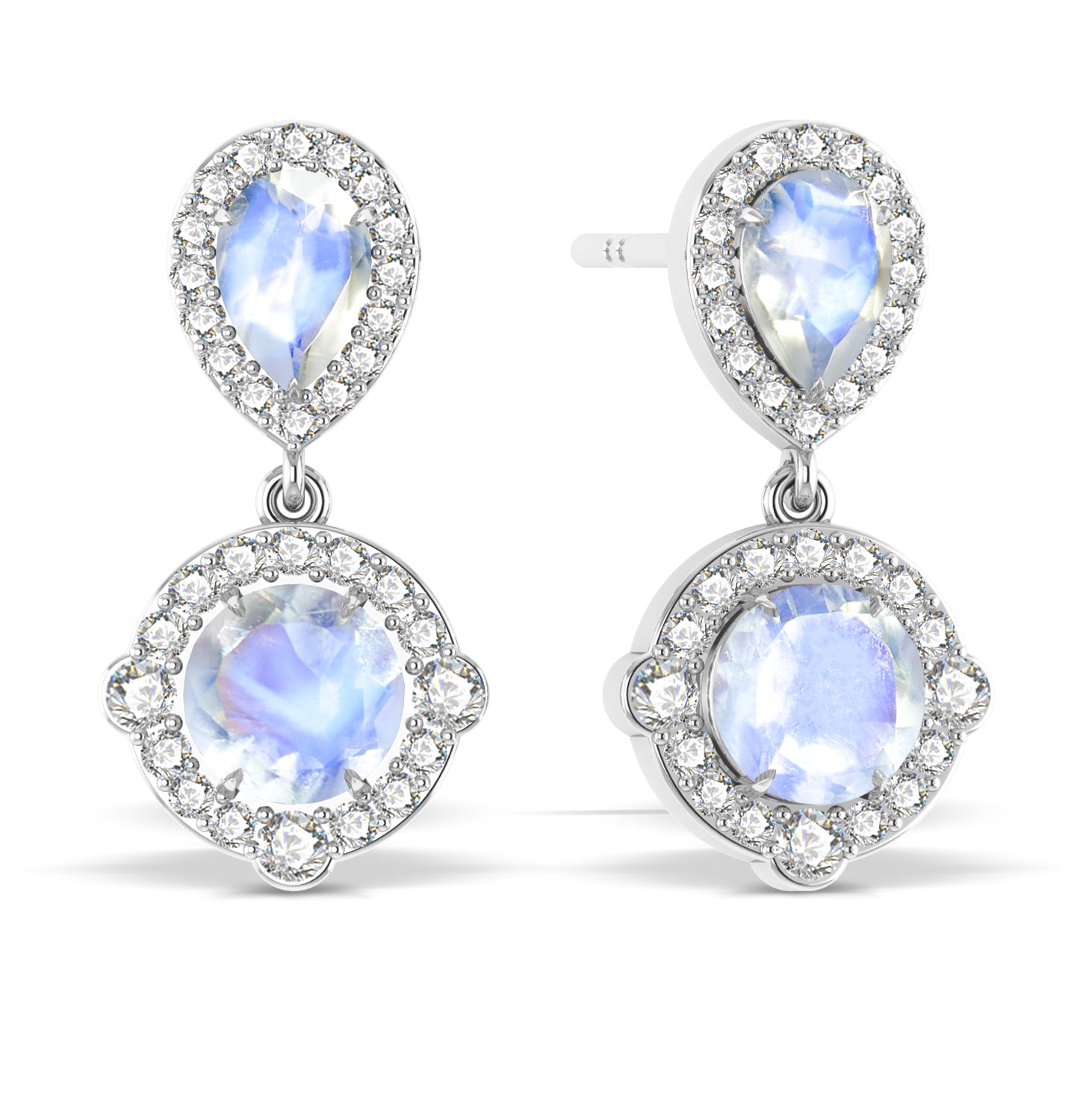 Moonstone Pear Round Halo Drop Earring in 925 Silver 3ct