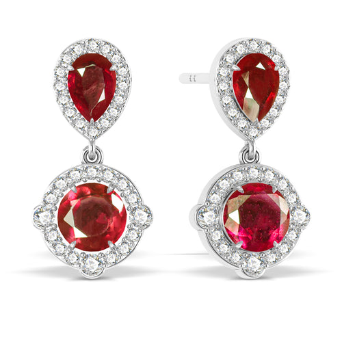 Ruby Pear Round Halo Drop Earring in 925 Silver 3ct