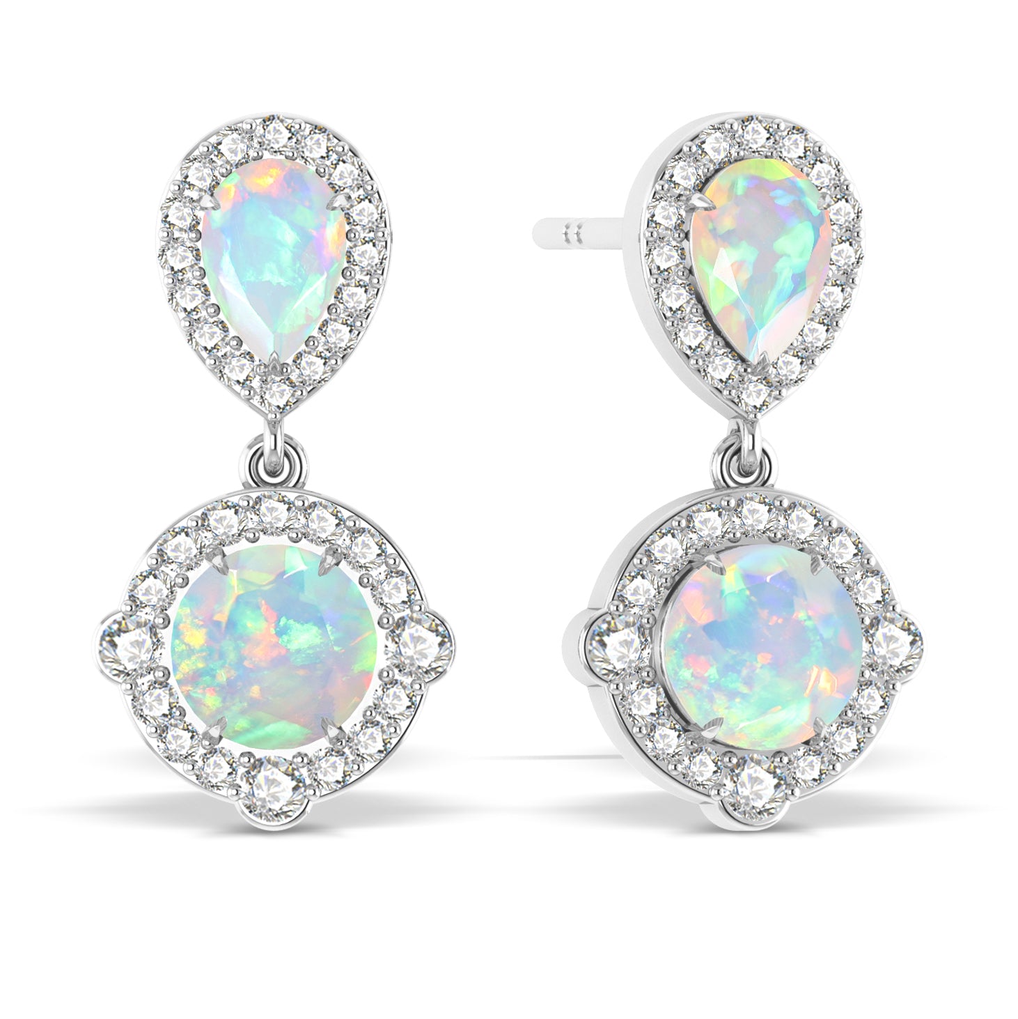 White Opal Pear Round Halo Drop Earring in 925 Silver 2.4ct