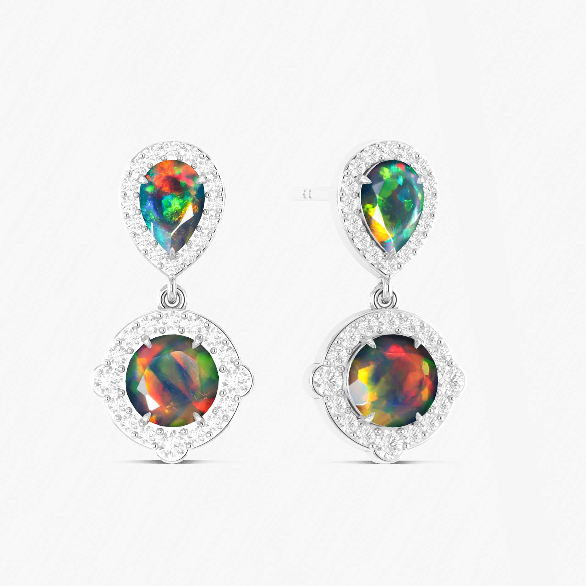 Black Opal Pear Round Halo Drop Earring in 925 Silver 2.4ct