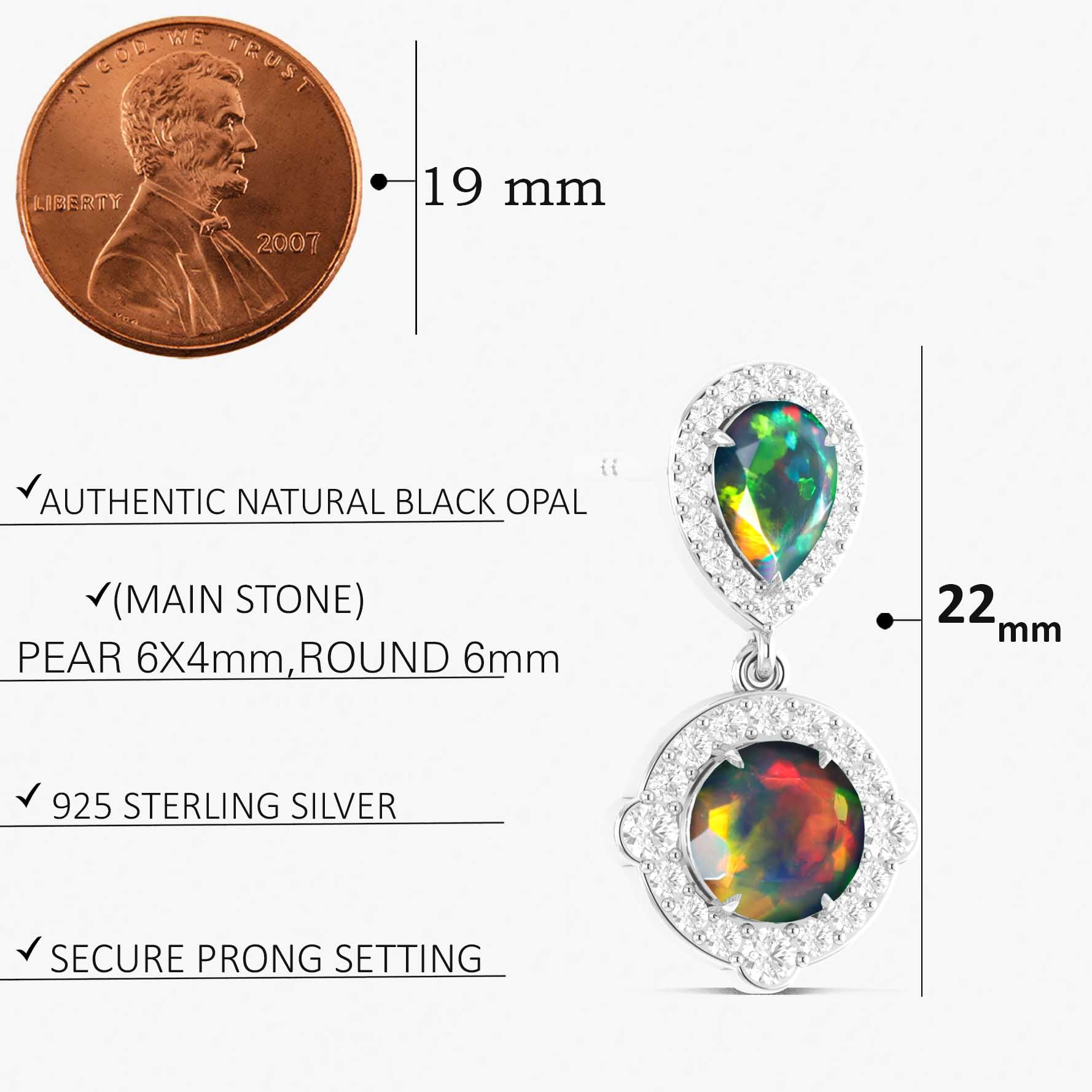 Black Opal Pear Round Halo Drop Earring in 925 Silver 2.4ct