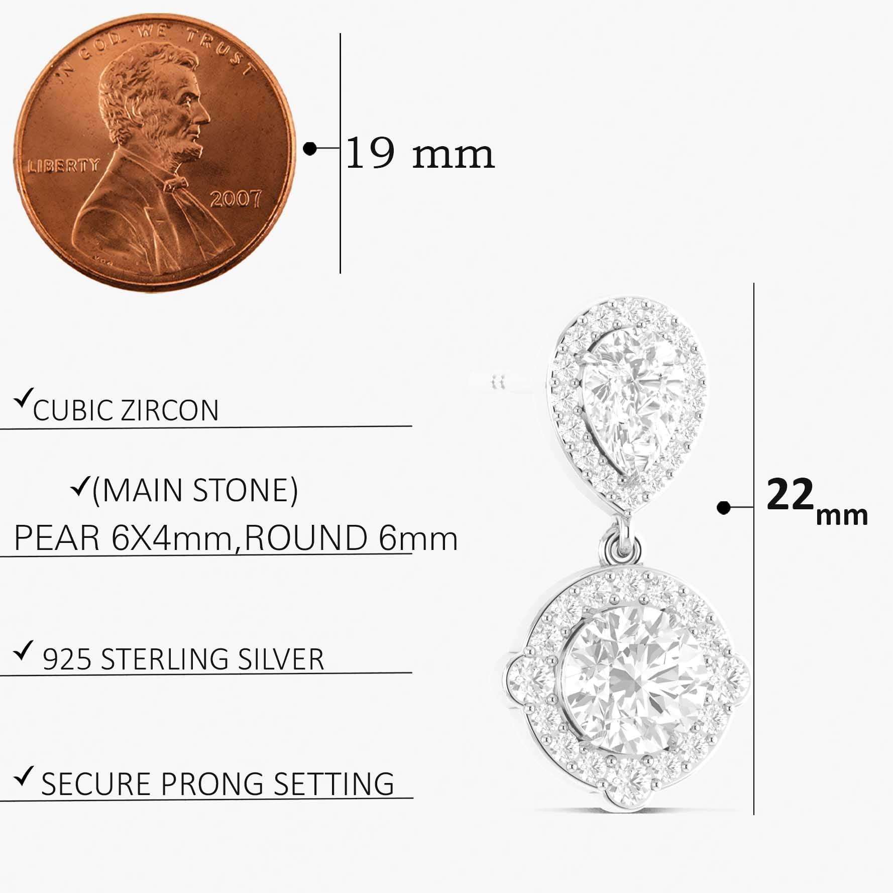 Cubic Zirconia Pear Round Halo Drop Earring in 925 Silver 3ct