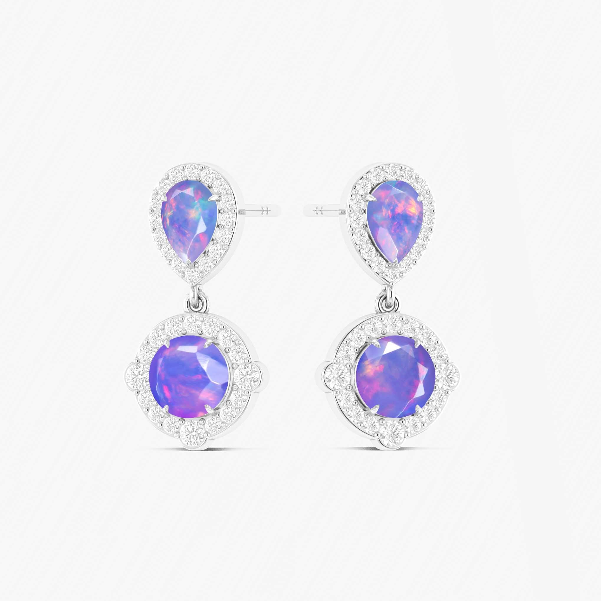 Lavender Purple Sterling Silver Opal Round Halo Tear Drop Earrings.