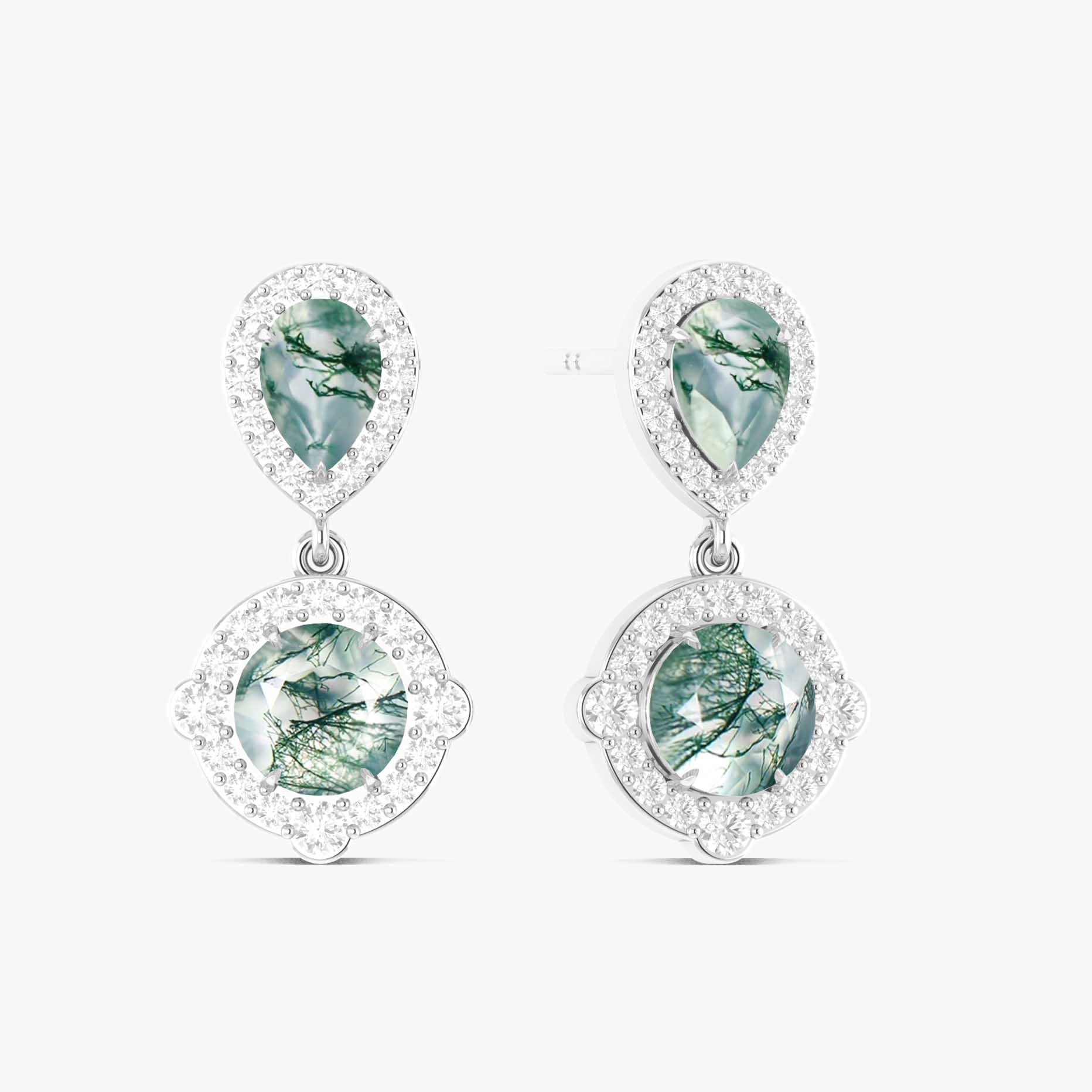Moss Agate Pear Round Halo Drop Earring in 925 Silver 3ct