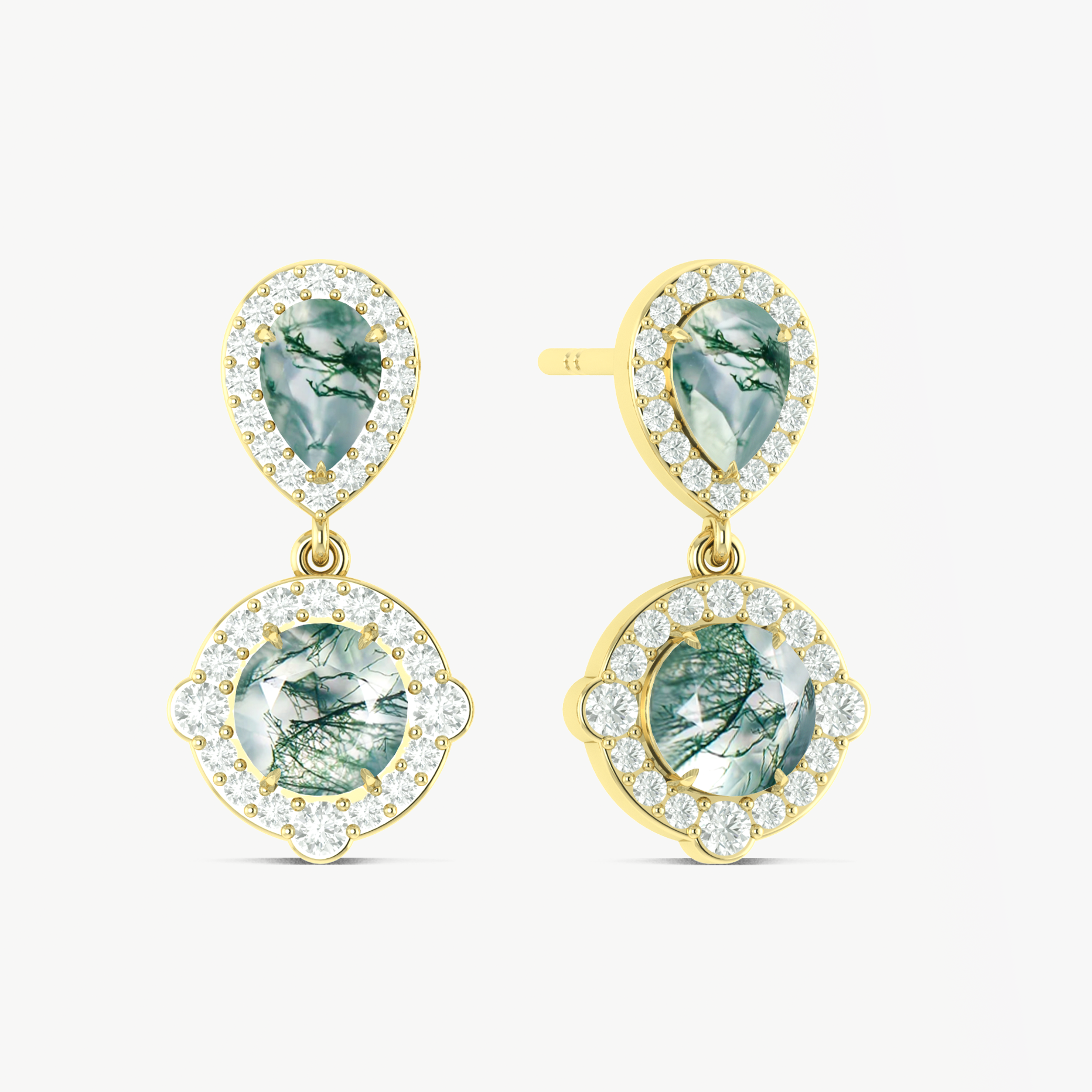 Moss Agate Pear Round Halo Drop Earring in 925 Silver 3ct
