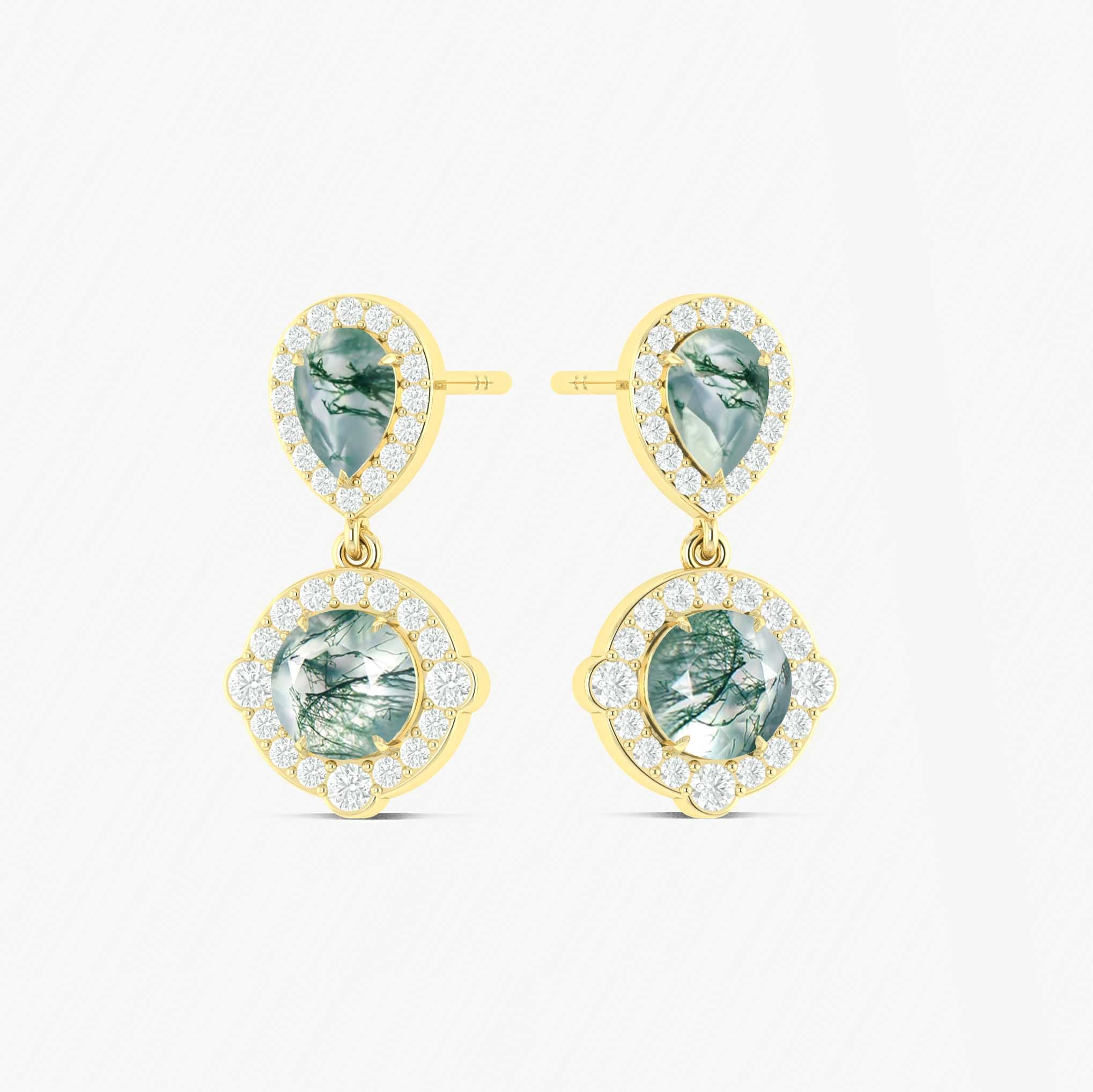 Moss Agate Pear Round Halo Drop Earring in 925 Silver 3ct
