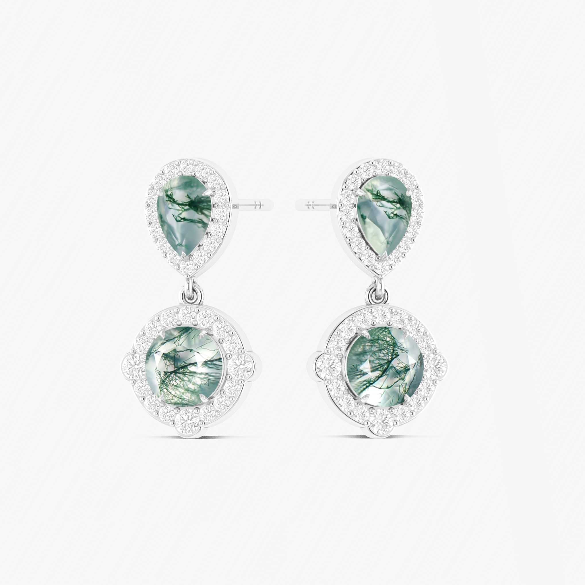 Moss Agate Pear Round Halo Drop Earring in 925 Silver 3ct