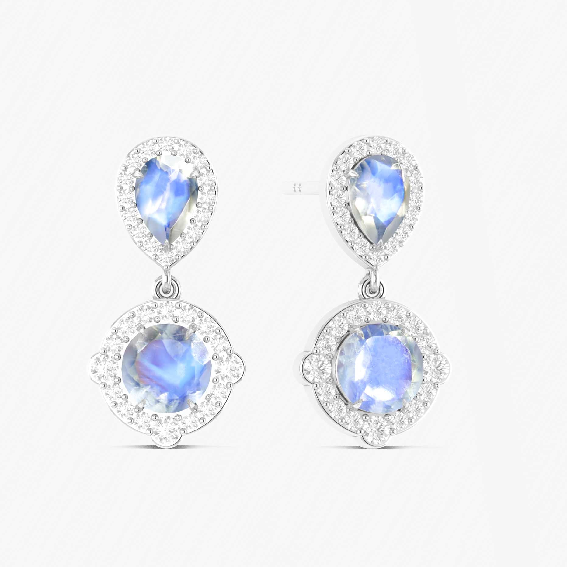 Moonstone Pear Round Halo Drop Earring in 925 Silver 3ct