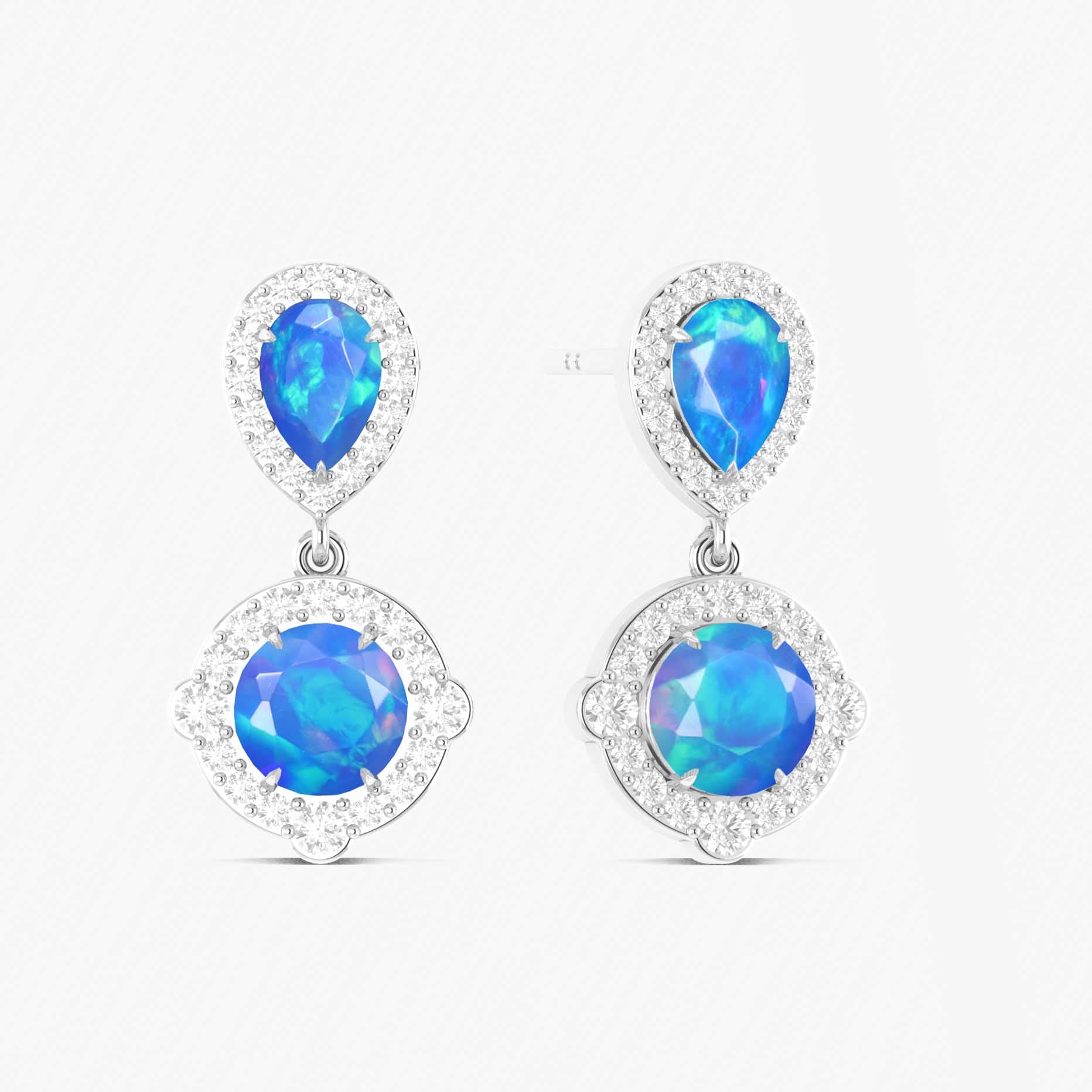Blue Opal Pear Round Halo Drop Earring in 925 Silver 2.4ct