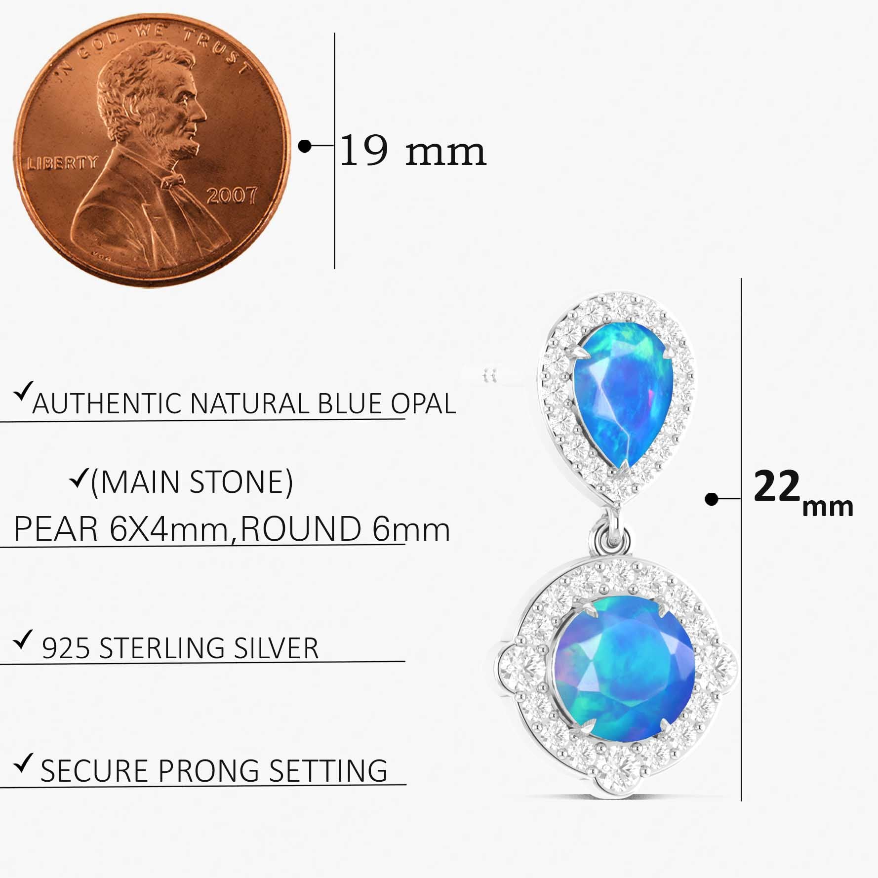 Blue Opal Pear Round Halo Drop Earring in 925 Silver 2.4ct