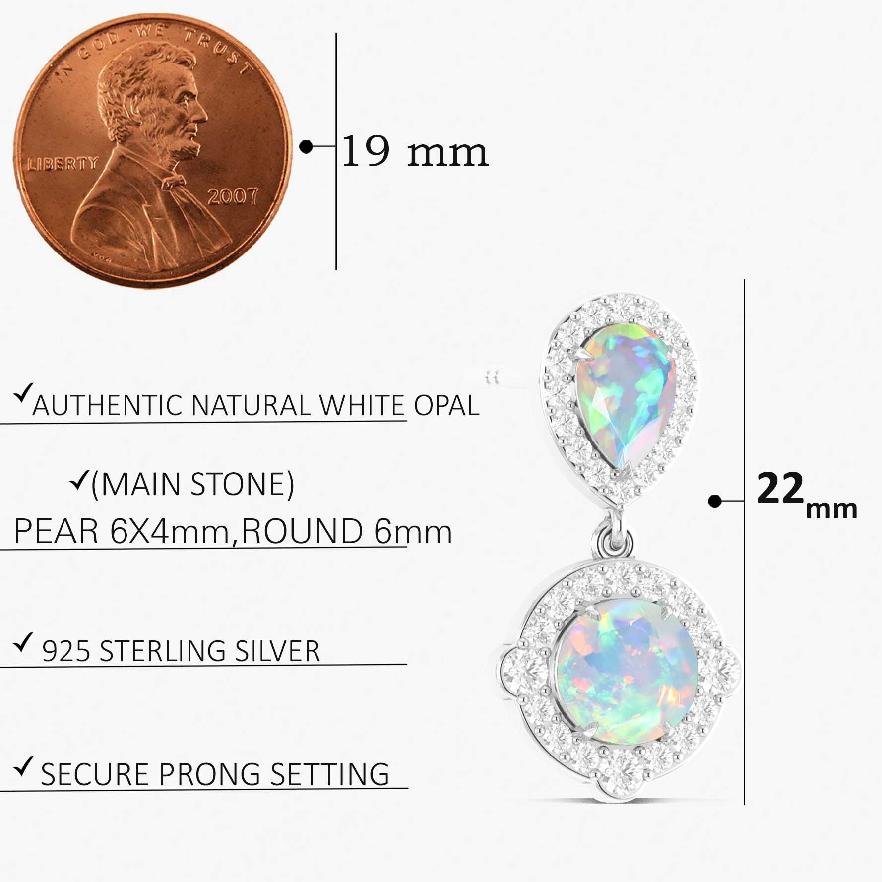 White Opal Pear Round Halo Drop Earring in 925 Silver 2.4ct