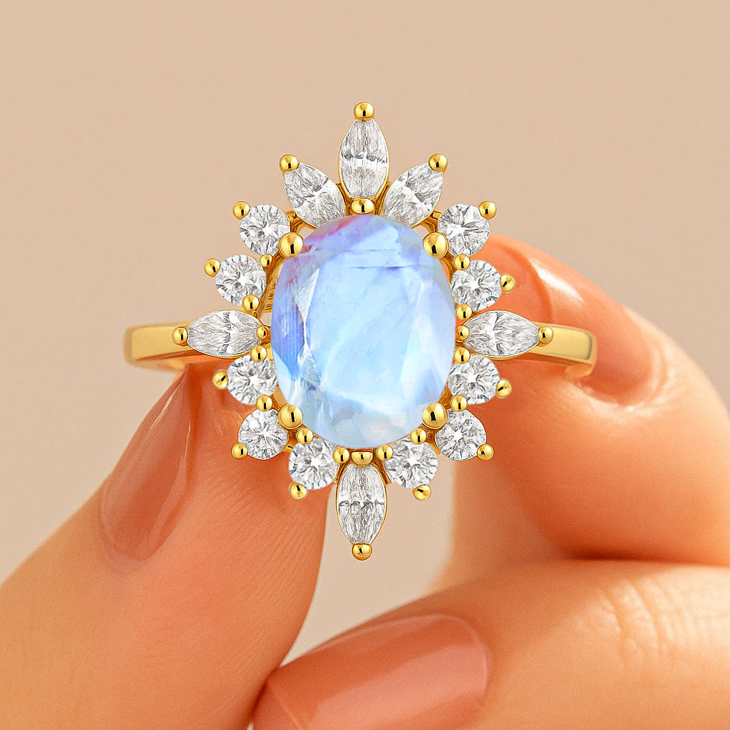 Natural Moonstone with White Zircon Halo Ring in Silver & Yellow Gold Filled