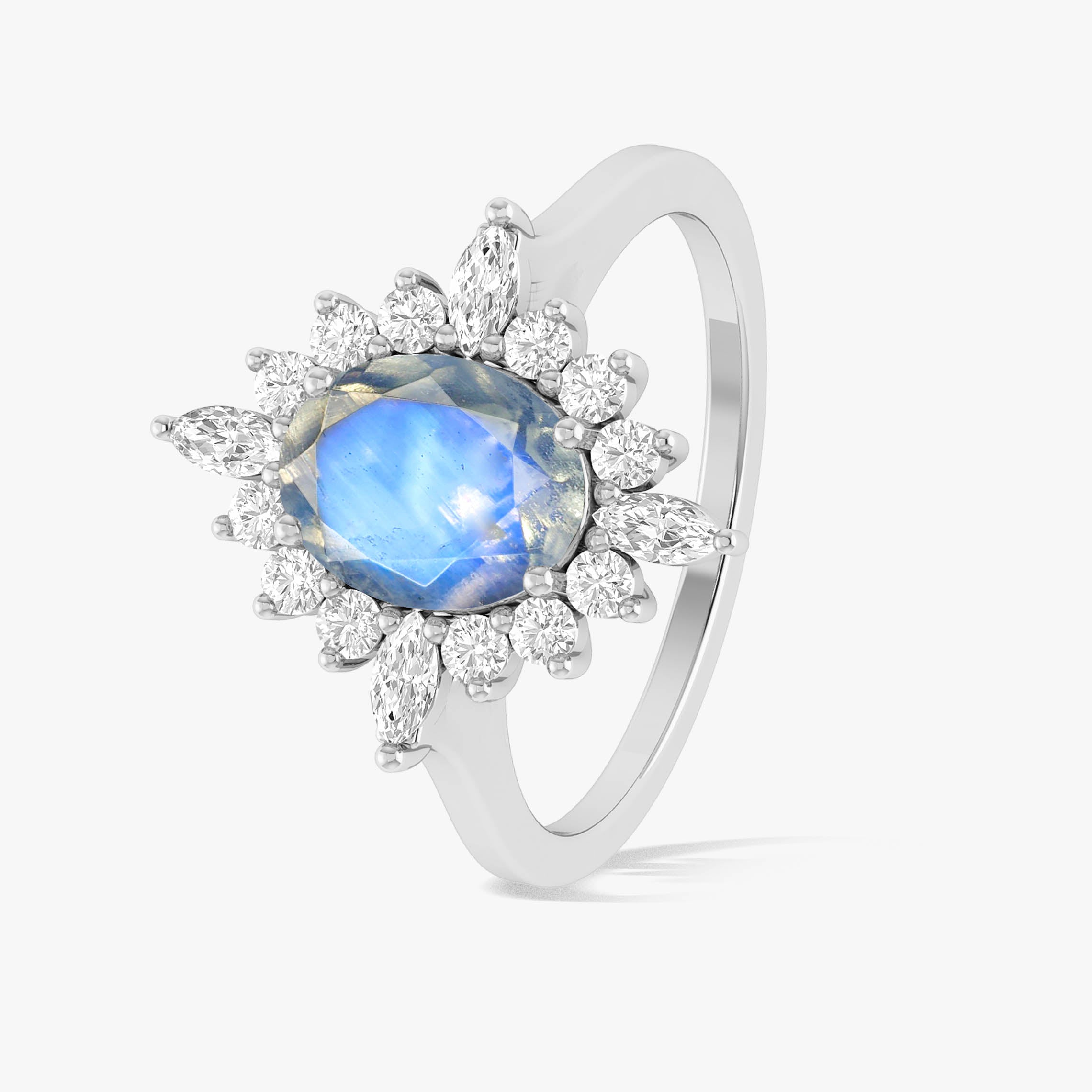 Natural Moonstone with White Zircon Halo Ring in Silver & Yellow Gold Filled