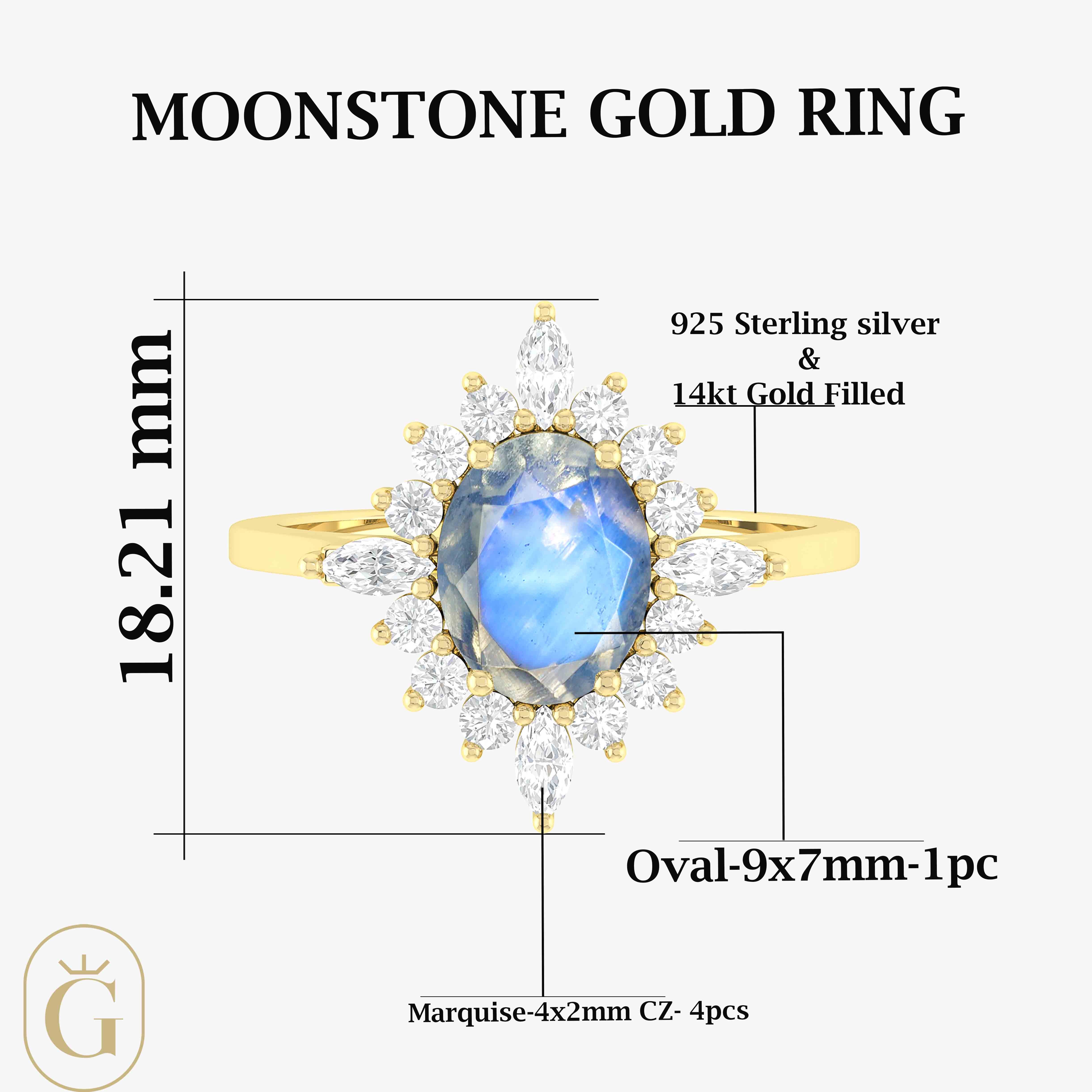 Natural Moonstone with White Zircon Halo Ring in Silver & Yellow Gold Filled