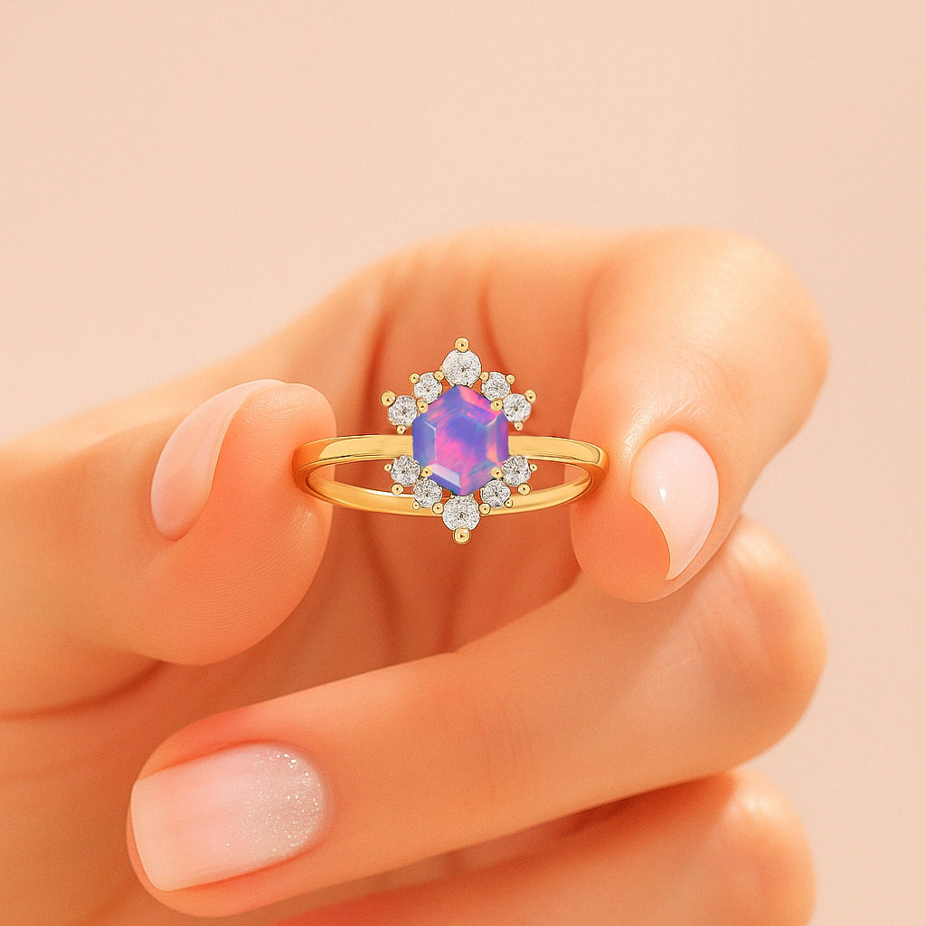 Hexagon Style Natural Lavender Opal & White Zircon Designer Ring