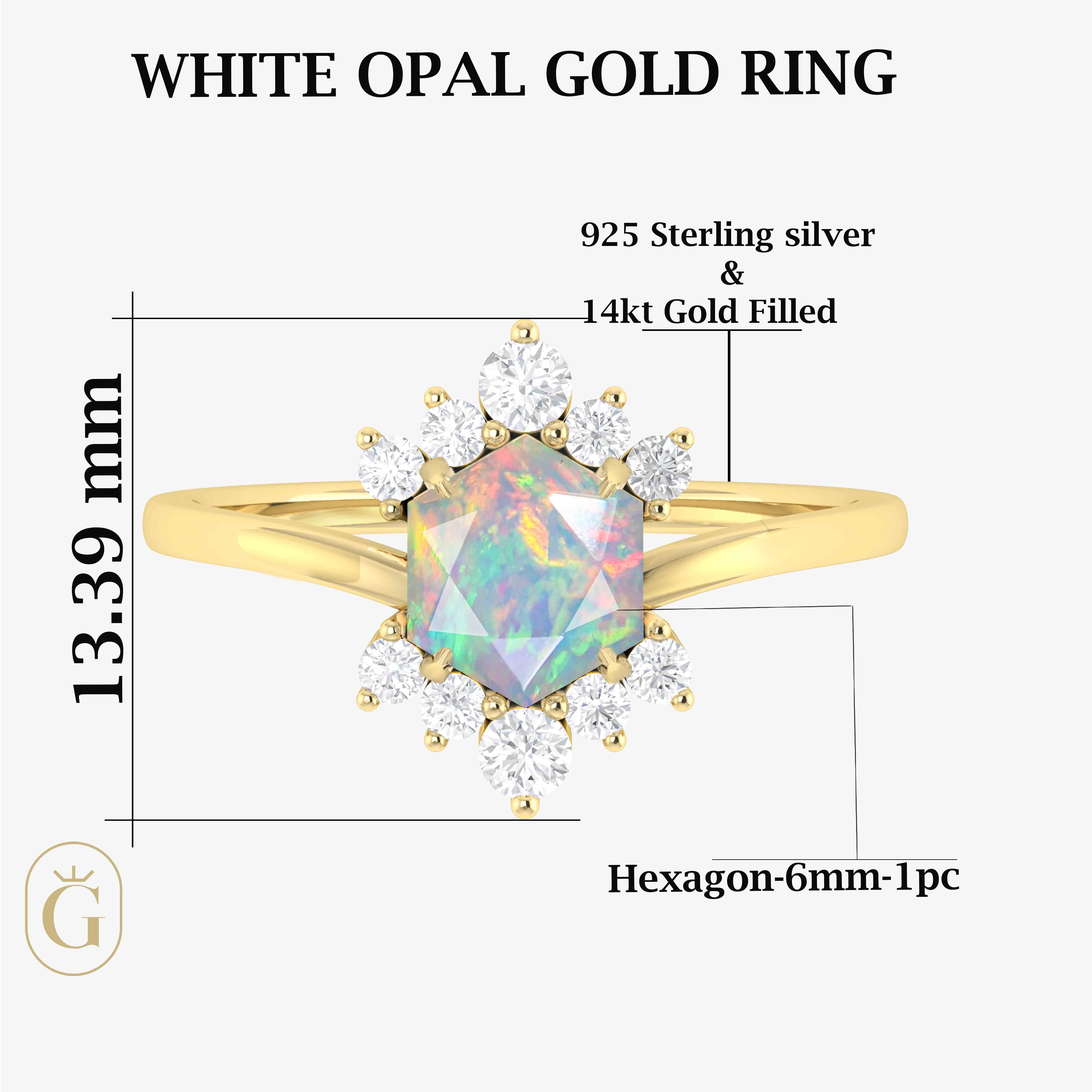 Natural White Opal Hexagon Gemstone Ring