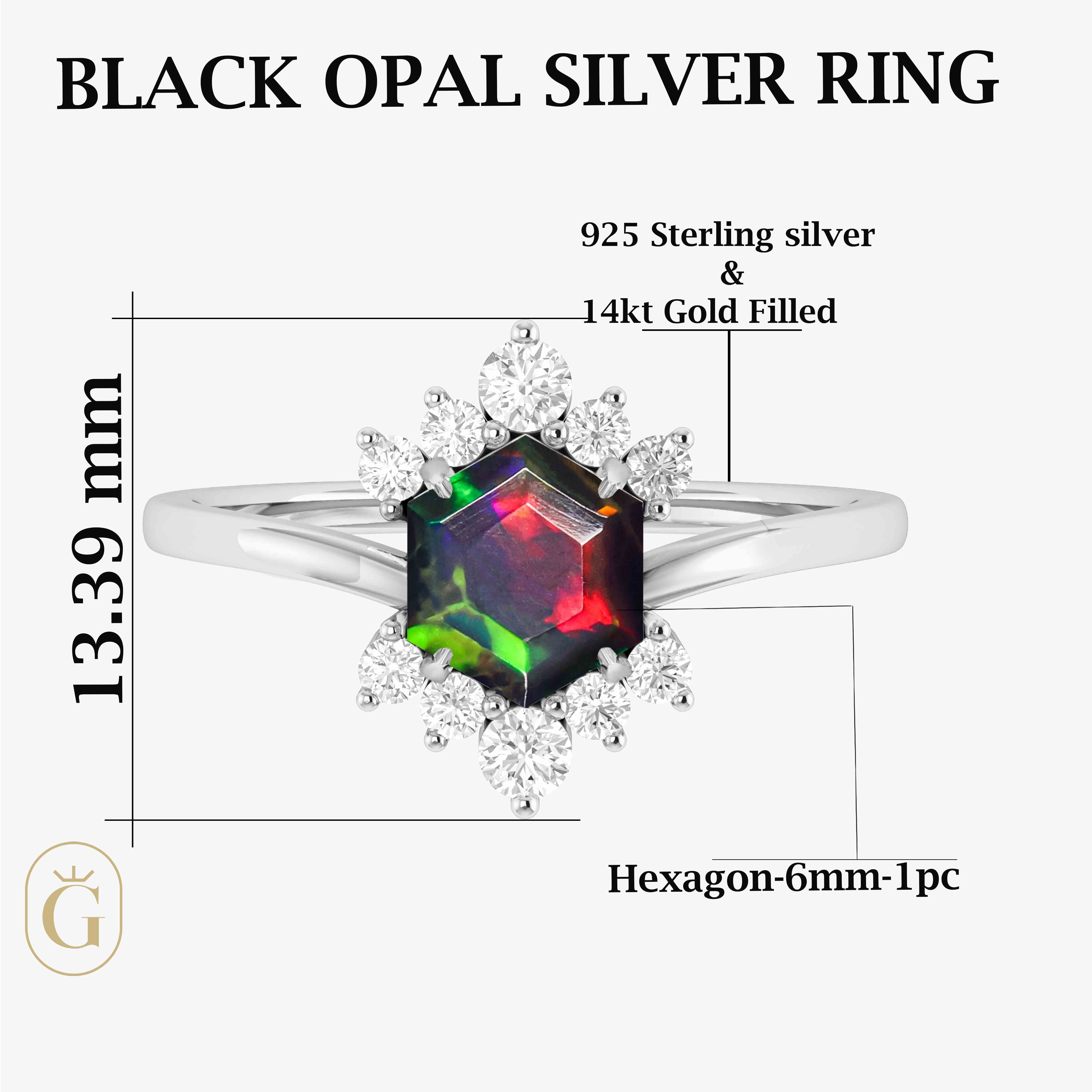 Natural Black Opal Hexagon Gemstone Ring