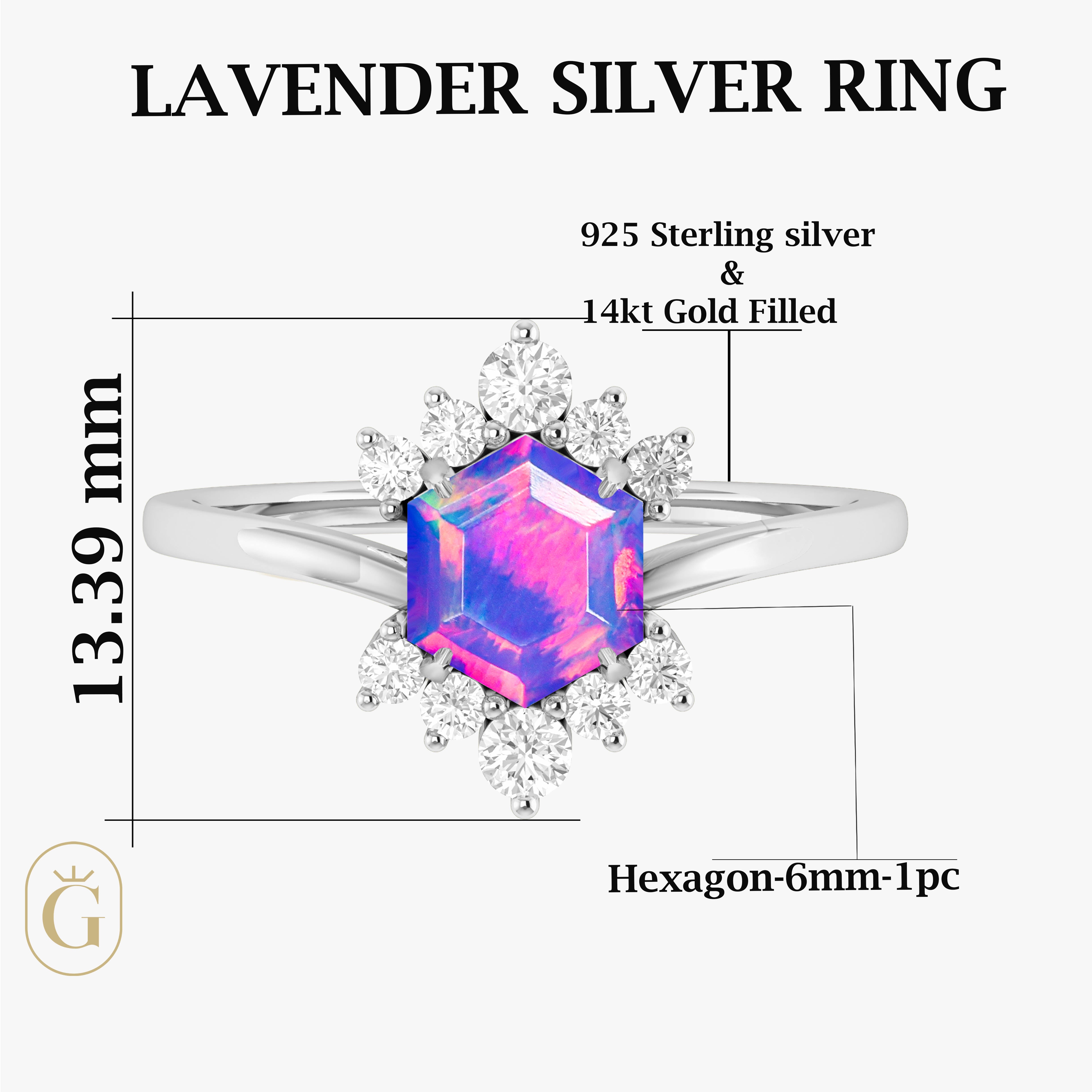 Hexagon Style Natural Lavender Opal & White Zircon Designer Ring