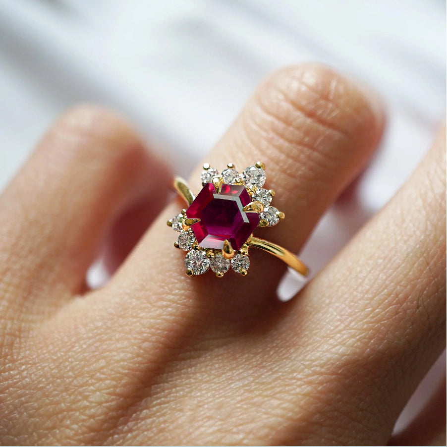 Natural Red Ruby Hexagon Gemstone Ring
