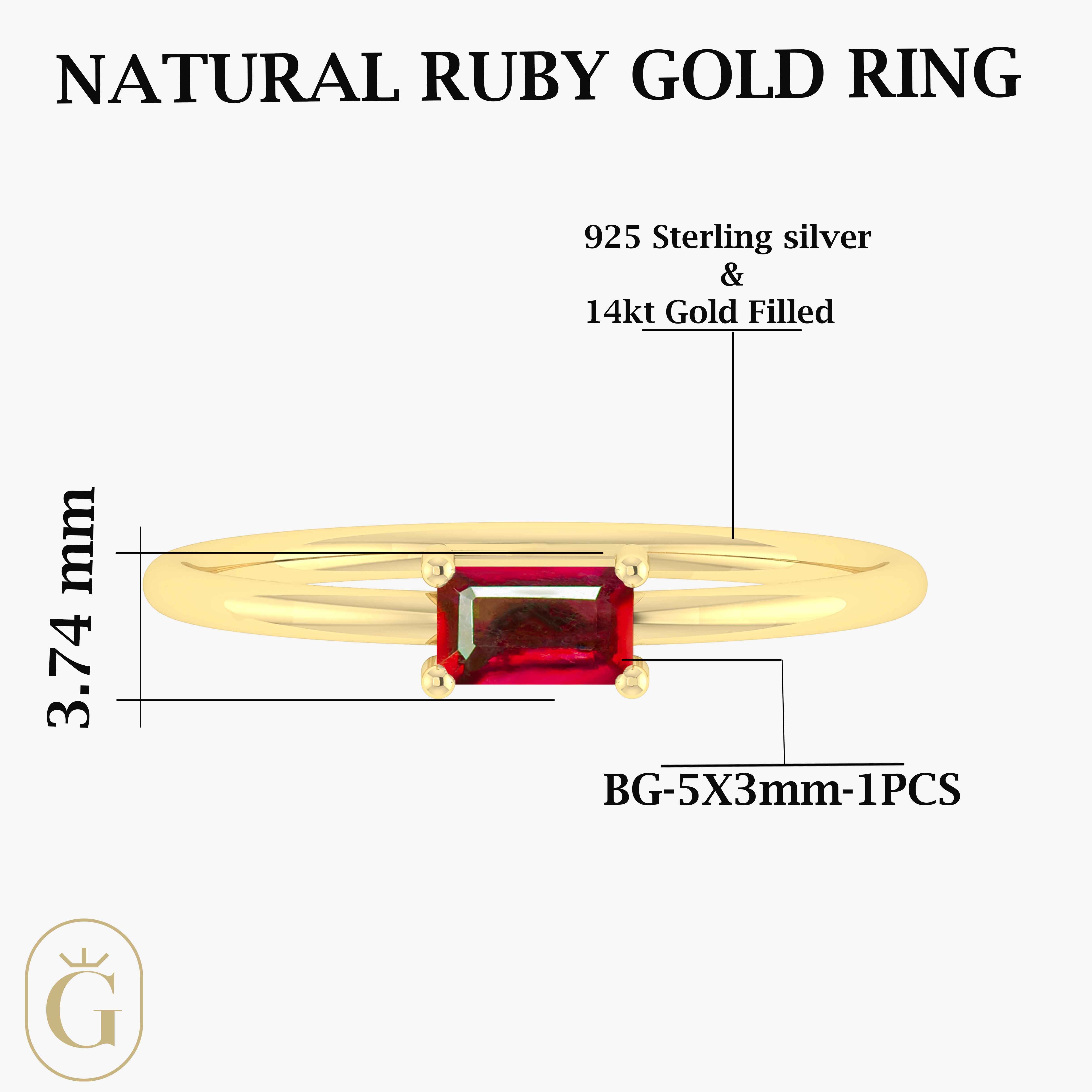 Red Ruby Baguette Gemstone Minimalist Ring