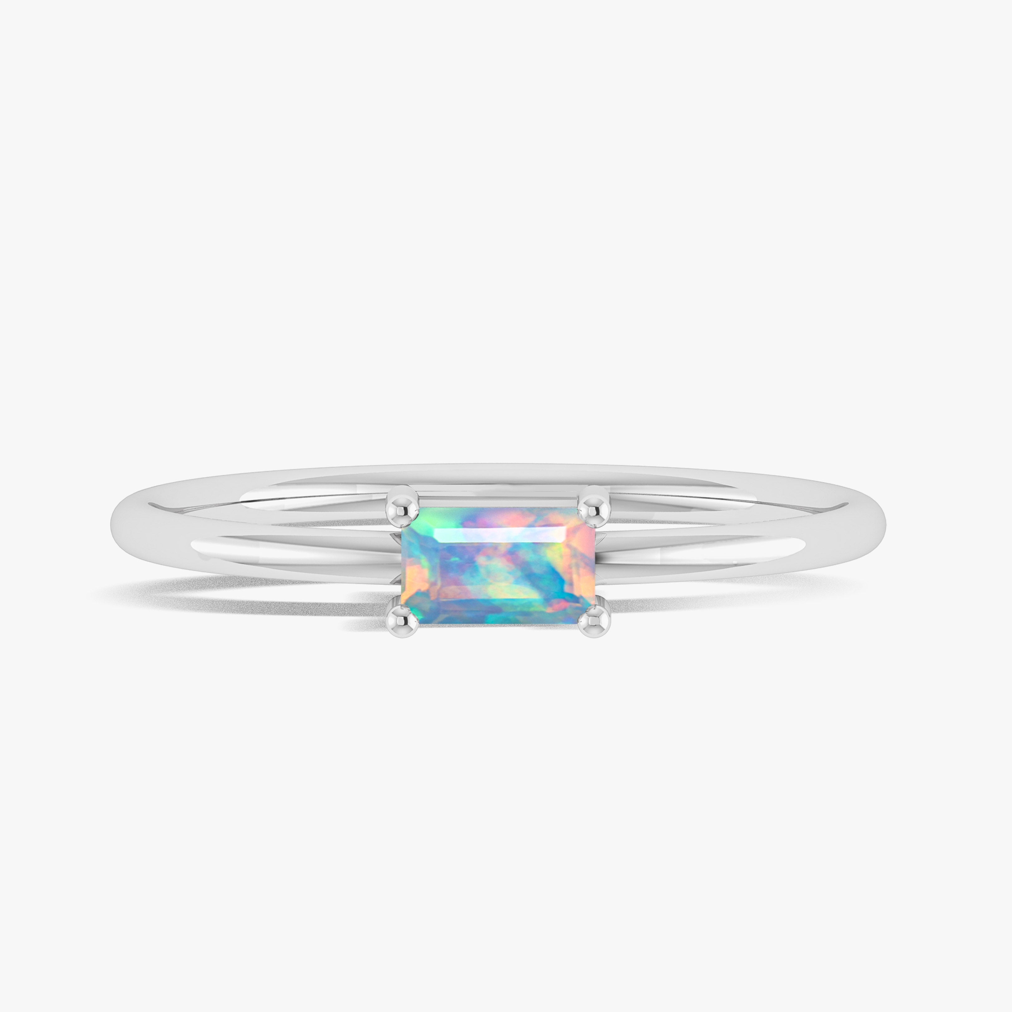 White Fire Opal Baguette Gemstone Minimalist Ring