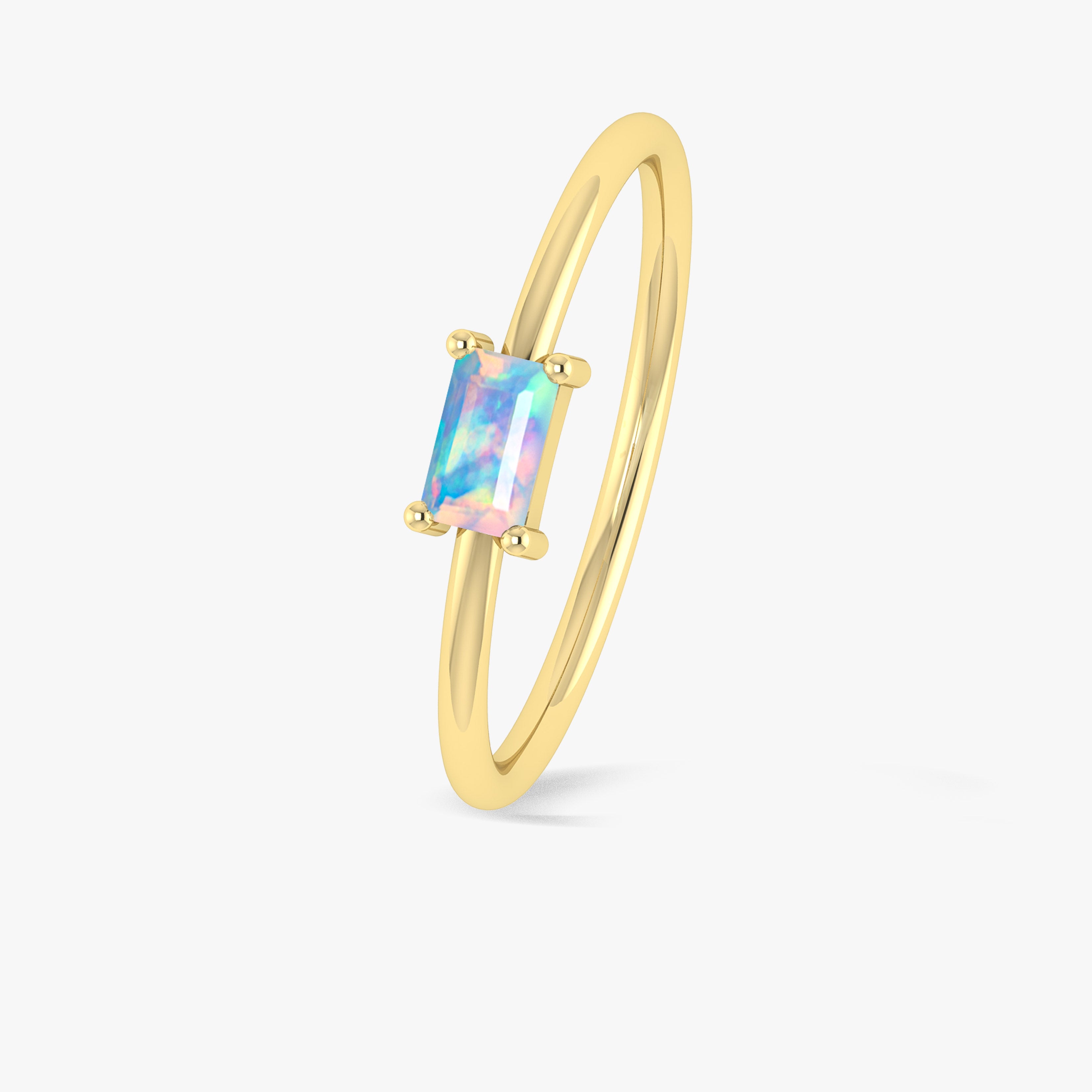 White Fire Opal Baguette Gemstone Minimalist Ring