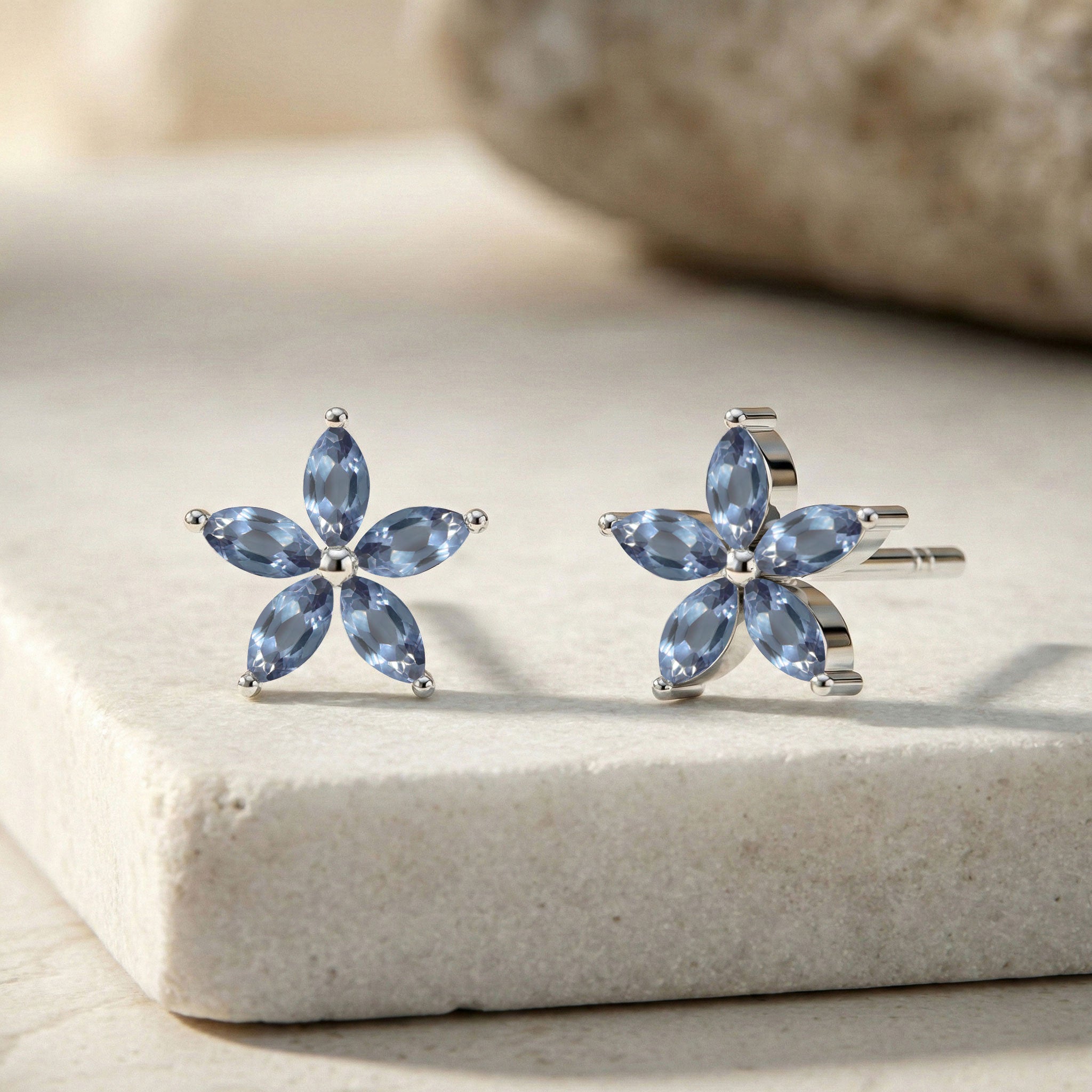 Alexandrite Flower and Marquis Shape Stud Earring in 925 Sterling Silver 4X2 MM 3ct.