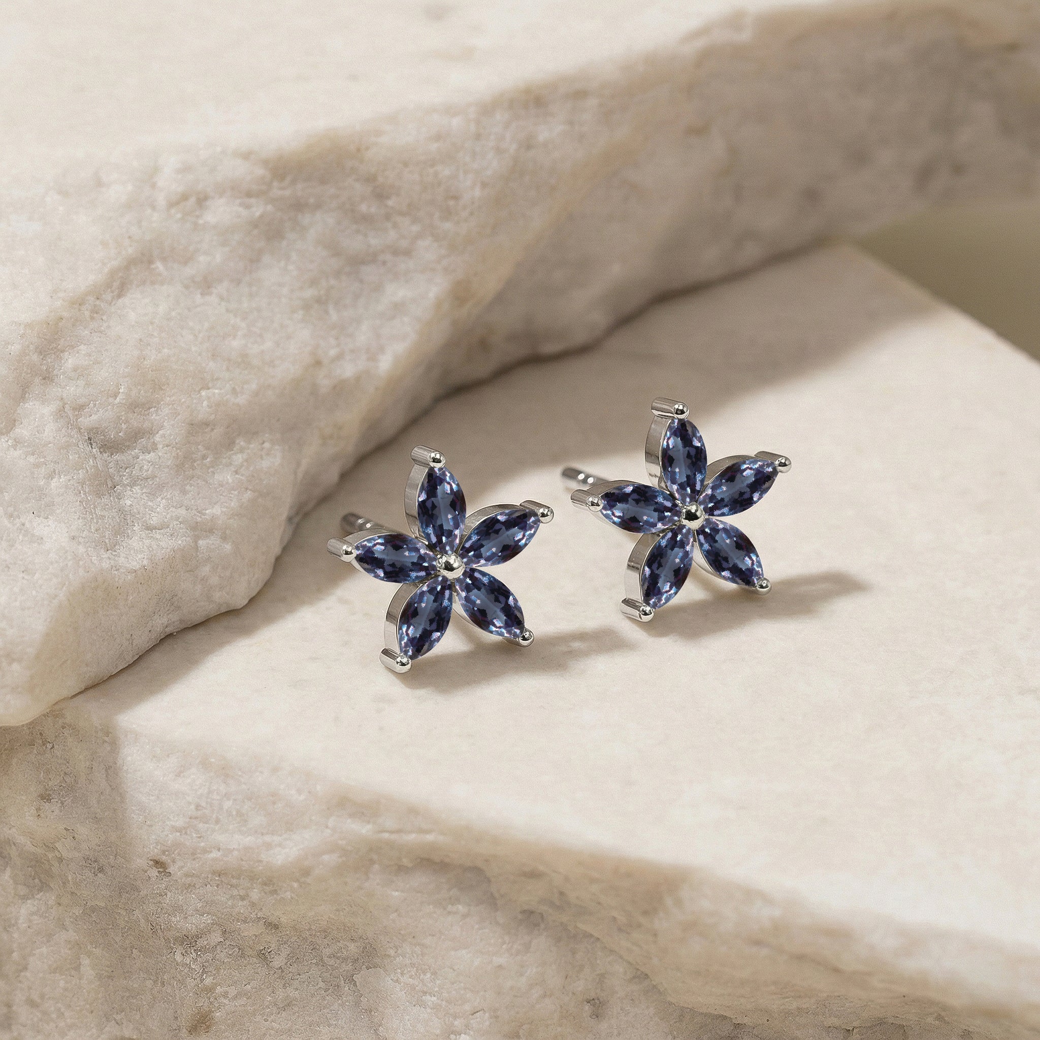 Alexandrite Flower and Marquis Shape Stud Earring in 925 Sterling Silver 4X2 MM 3ct.