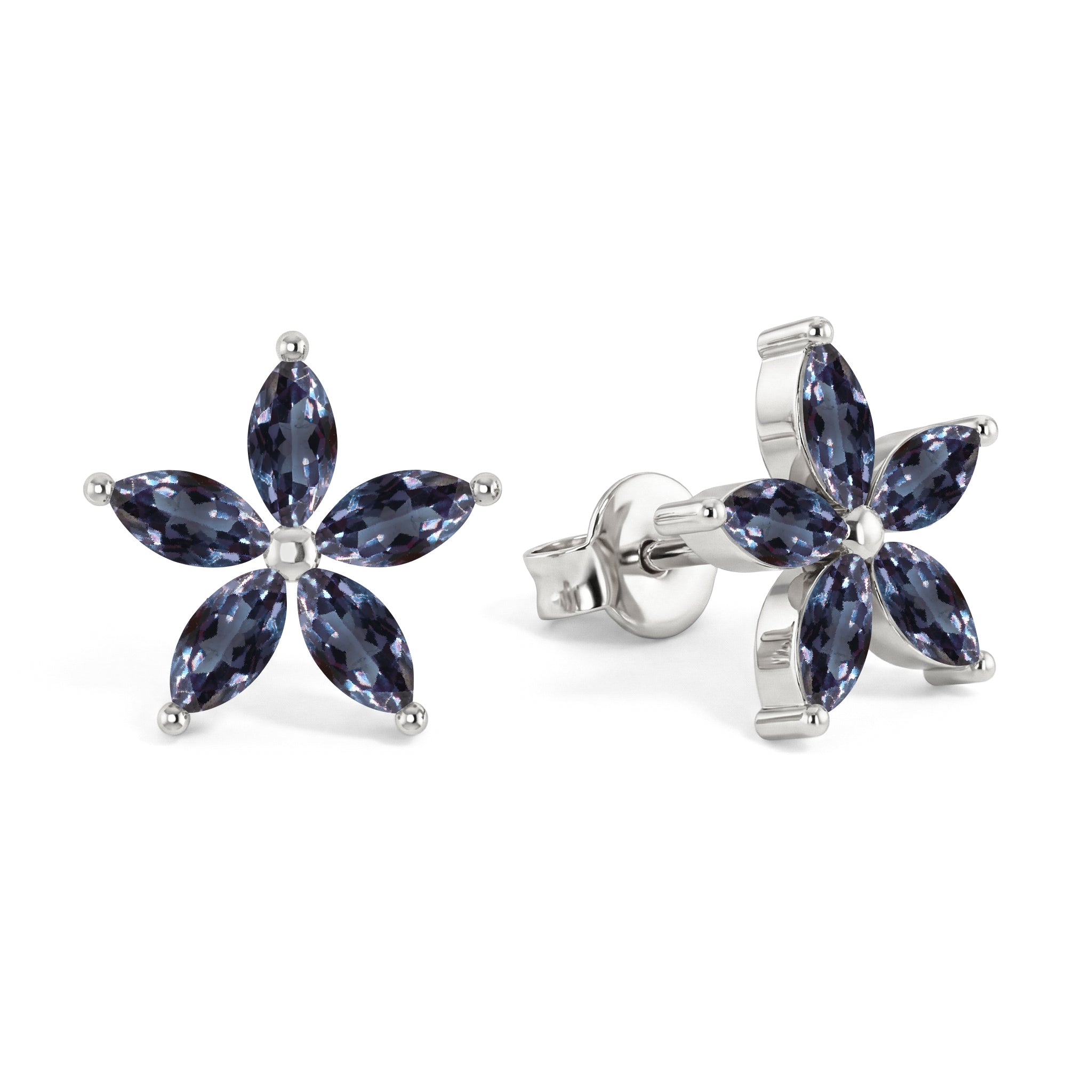 Alexandrite Flower and Marquis Shape Stud Earring in 925 Sterling Silver 4X2 MM 3ct.