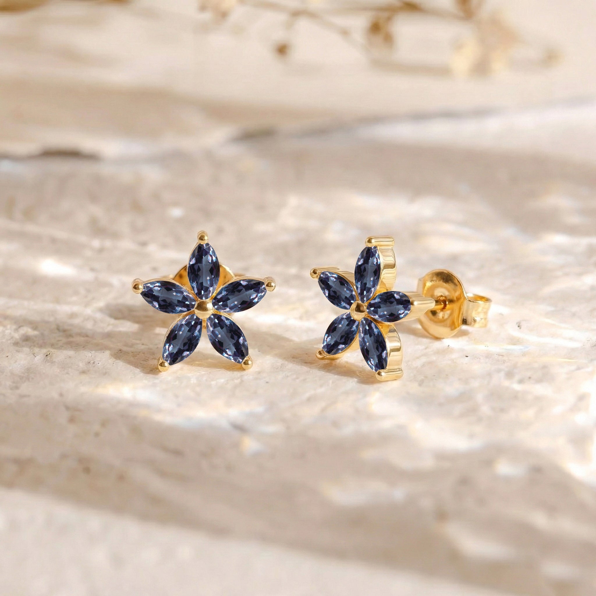 Alexandrite Flower and Marquis Shape Stud Earring in 925 Sterling Silver 4X2 MM 3ct.